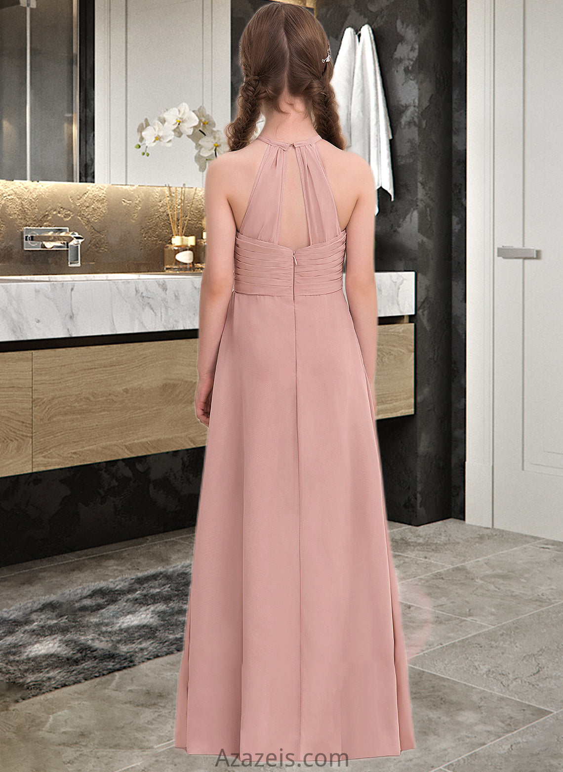 Kit A-Line Scoop Neck Floor-Length Chiffon Junior Bridesmaid Dress With Ruffle DFP0013632