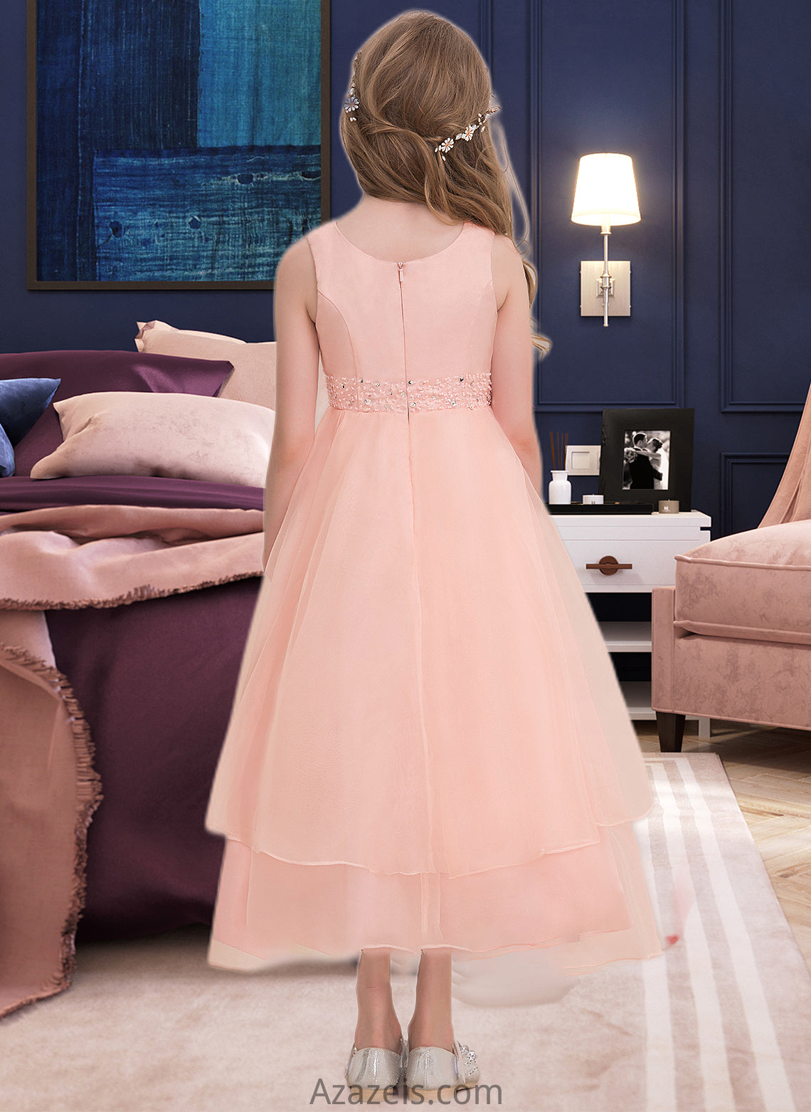 Brooklyn A-Line Scoop Neck Ankle-Length Organza Junior Bridesmaid Dress With Beading Sequins DFP0013633