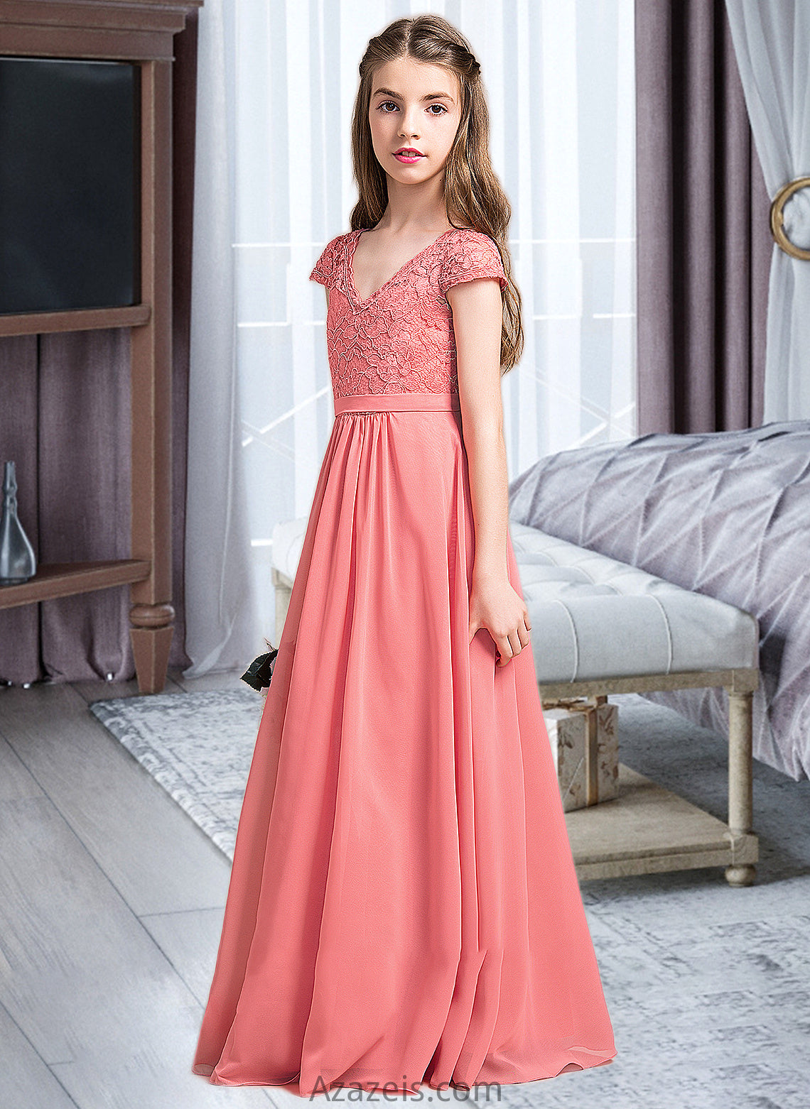 June A-Line V-neck Floor-Length Chiffon Lace Junior Bridesmaid Dress DFP0013634