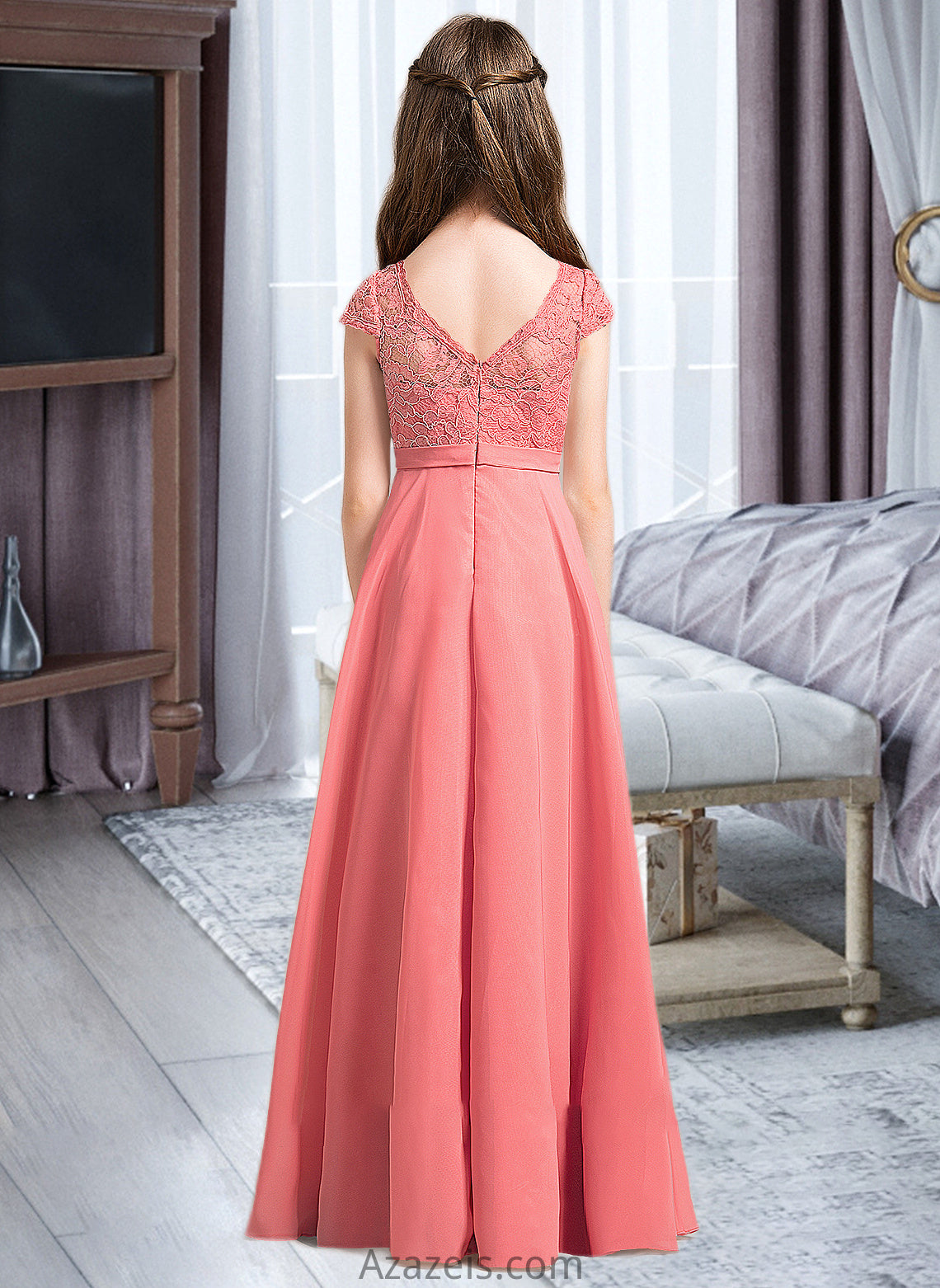 June A-Line V-neck Floor-Length Chiffon Lace Junior Bridesmaid Dress DFP0013634