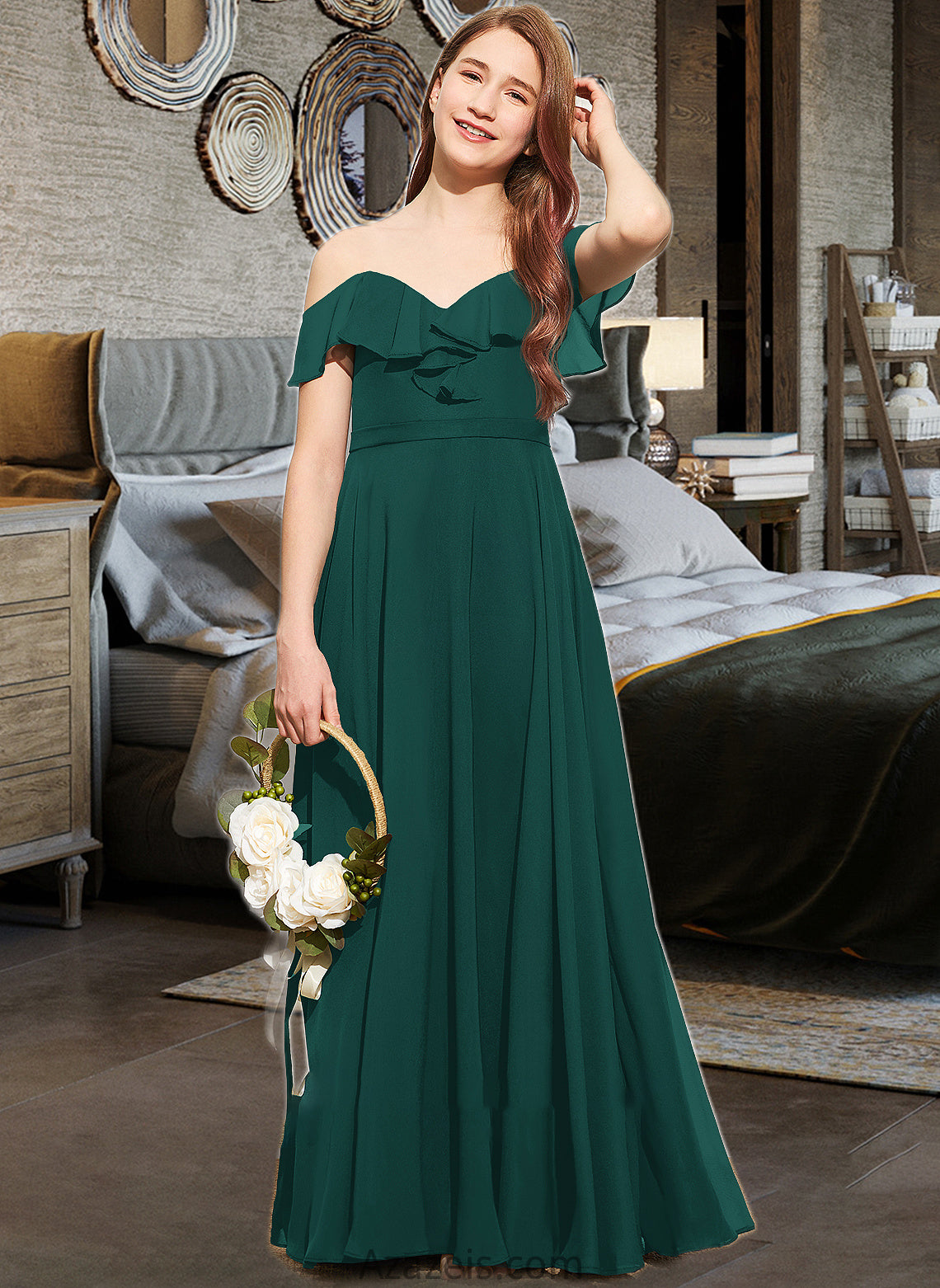 Rowan A-Line Off-the-Shoulder Floor-Length Chiffon Junior Bridesmaid Dress With Cascading Ruffles DFP0013635