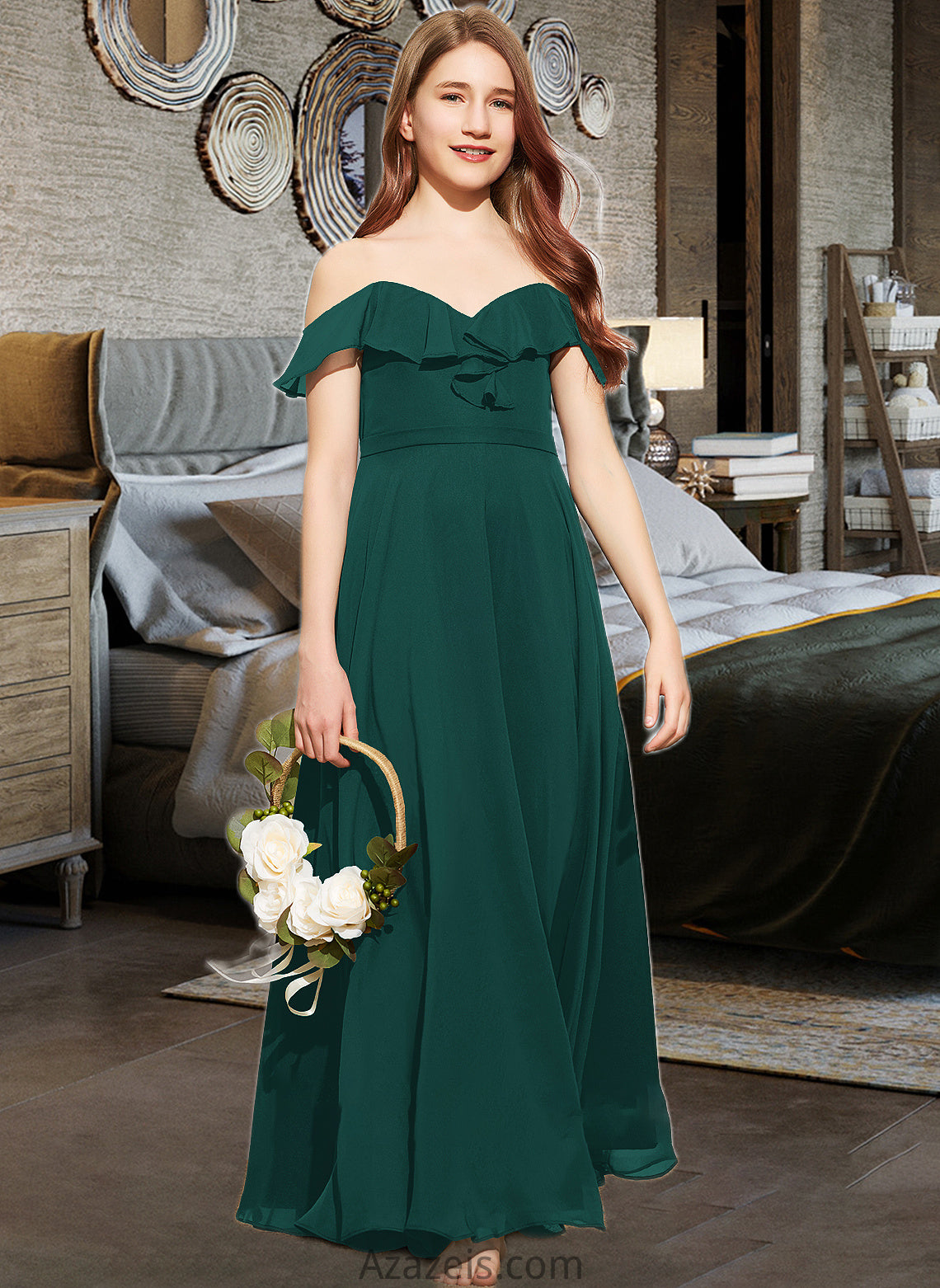 Rowan A-Line Off-the-Shoulder Floor-Length Chiffon Junior Bridesmaid Dress With Cascading Ruffles DFP0013635