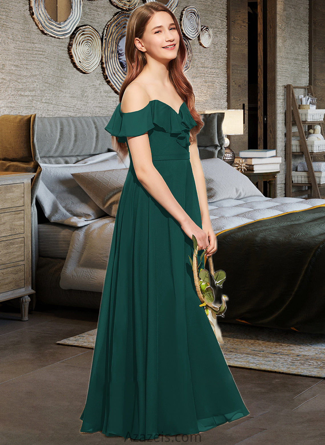 Rowan A-Line Off-the-Shoulder Floor-Length Chiffon Junior Bridesmaid Dress With Cascading Ruffles DFP0013635