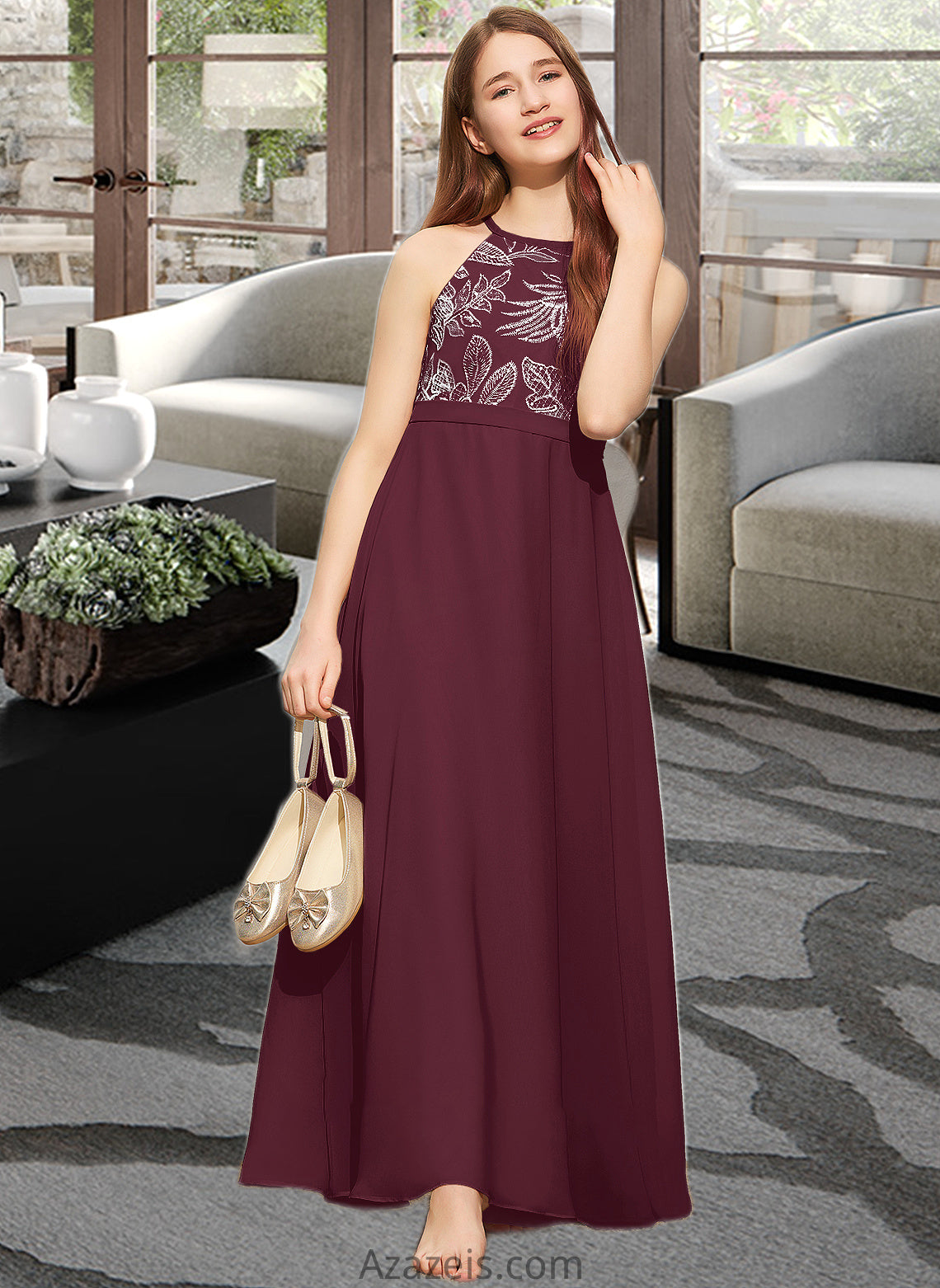 Kathryn A-Line Scoop Neck Floor-Length Chiffon Lace Junior Bridesmaid Dress With Bow(s) DFP0013637