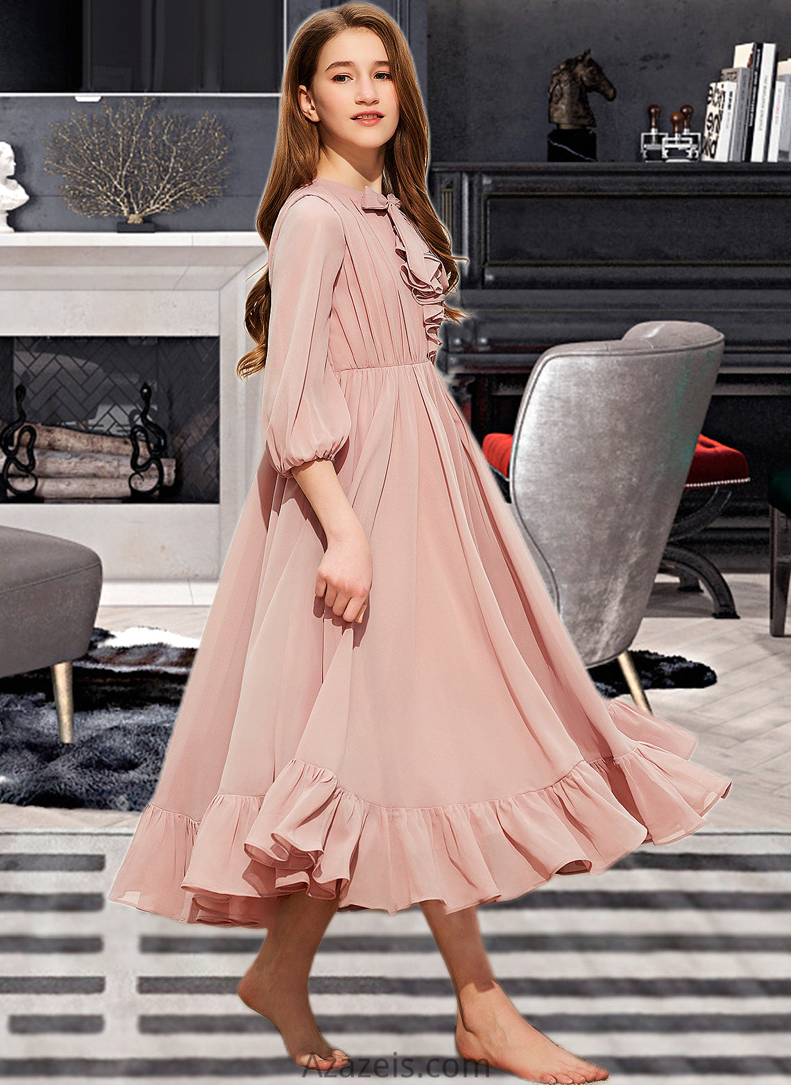 Brielle A-Line Scoop Neck Tea-Length Chiffon Junior Bridesmaid Dress With Bow(s) Cascading Ruffles DFP0013638