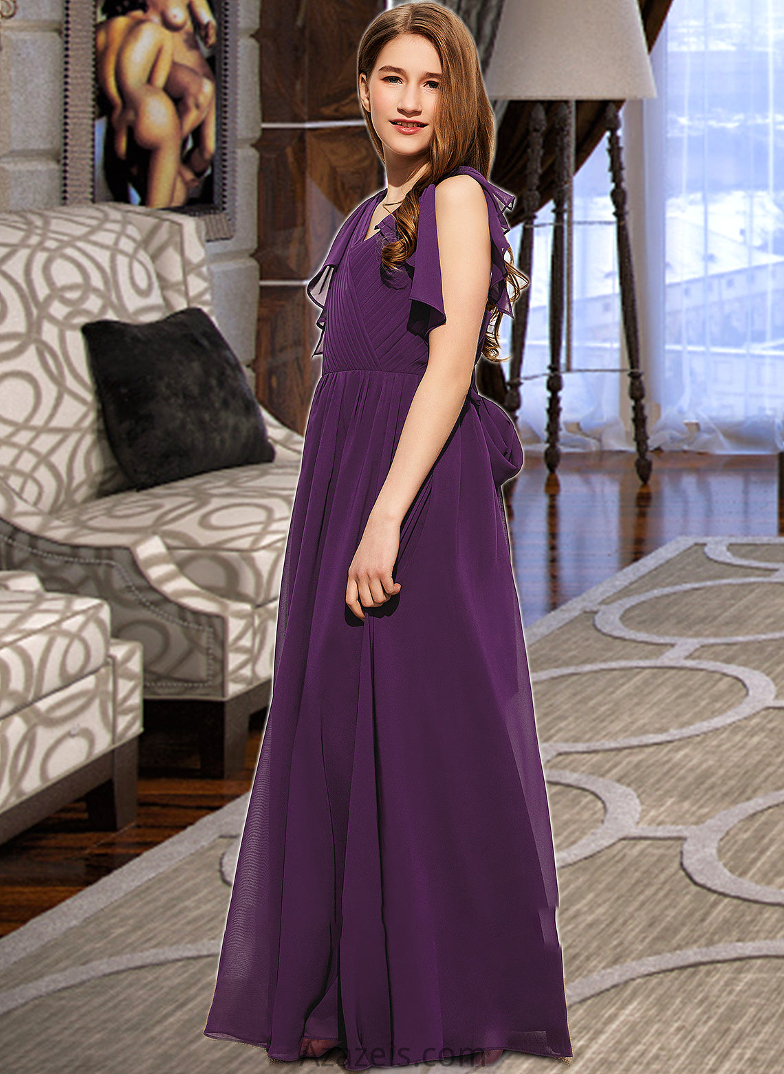 Allie A-Line V-neck Floor-Length Chiffon Junior Bridesmaid Dress With Bow(s) Cascading Ruffles DFP0013639