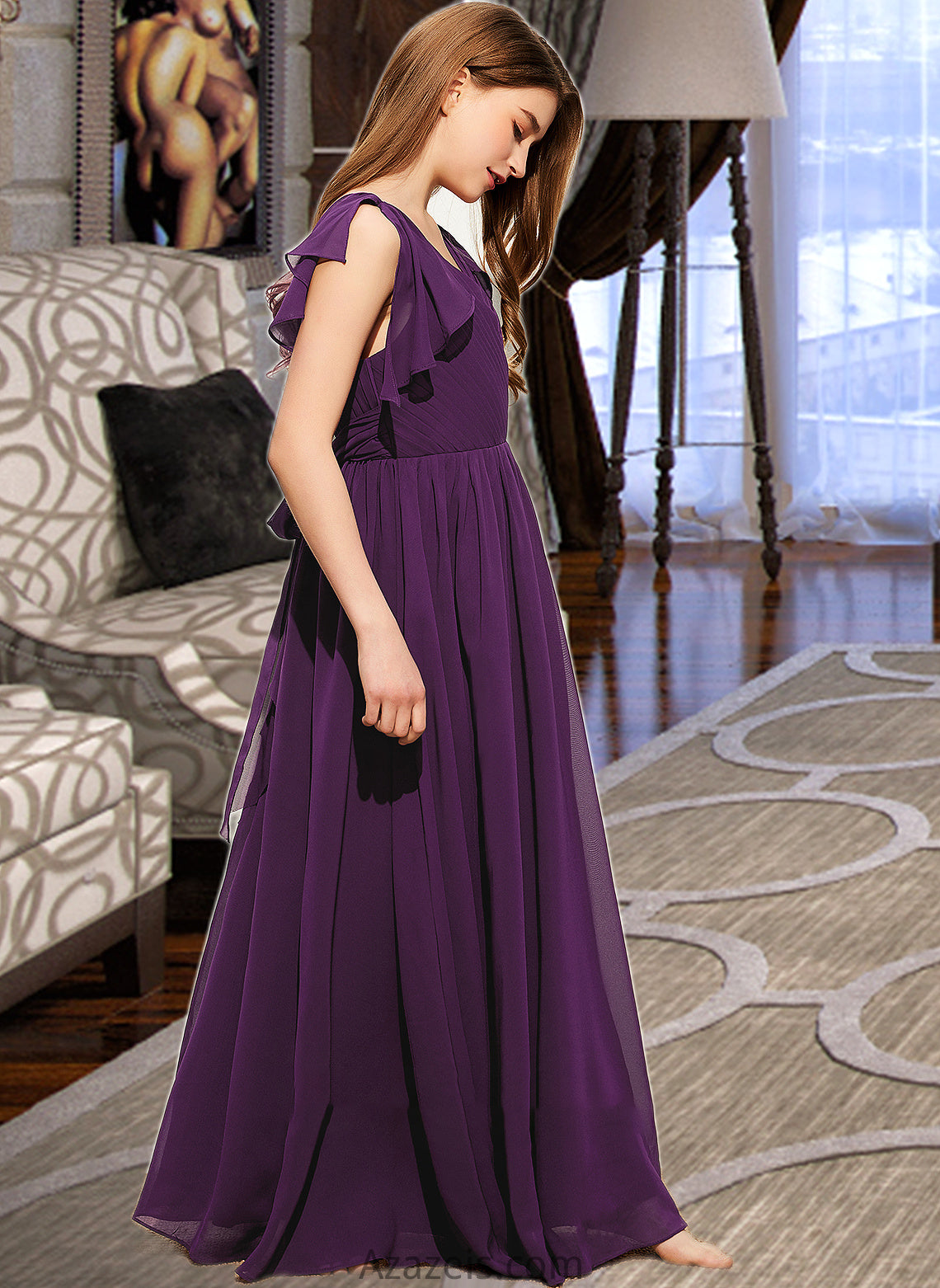 Allie A-Line V-neck Floor-Length Chiffon Junior Bridesmaid Dress With Bow(s) Cascading Ruffles DFP0013639