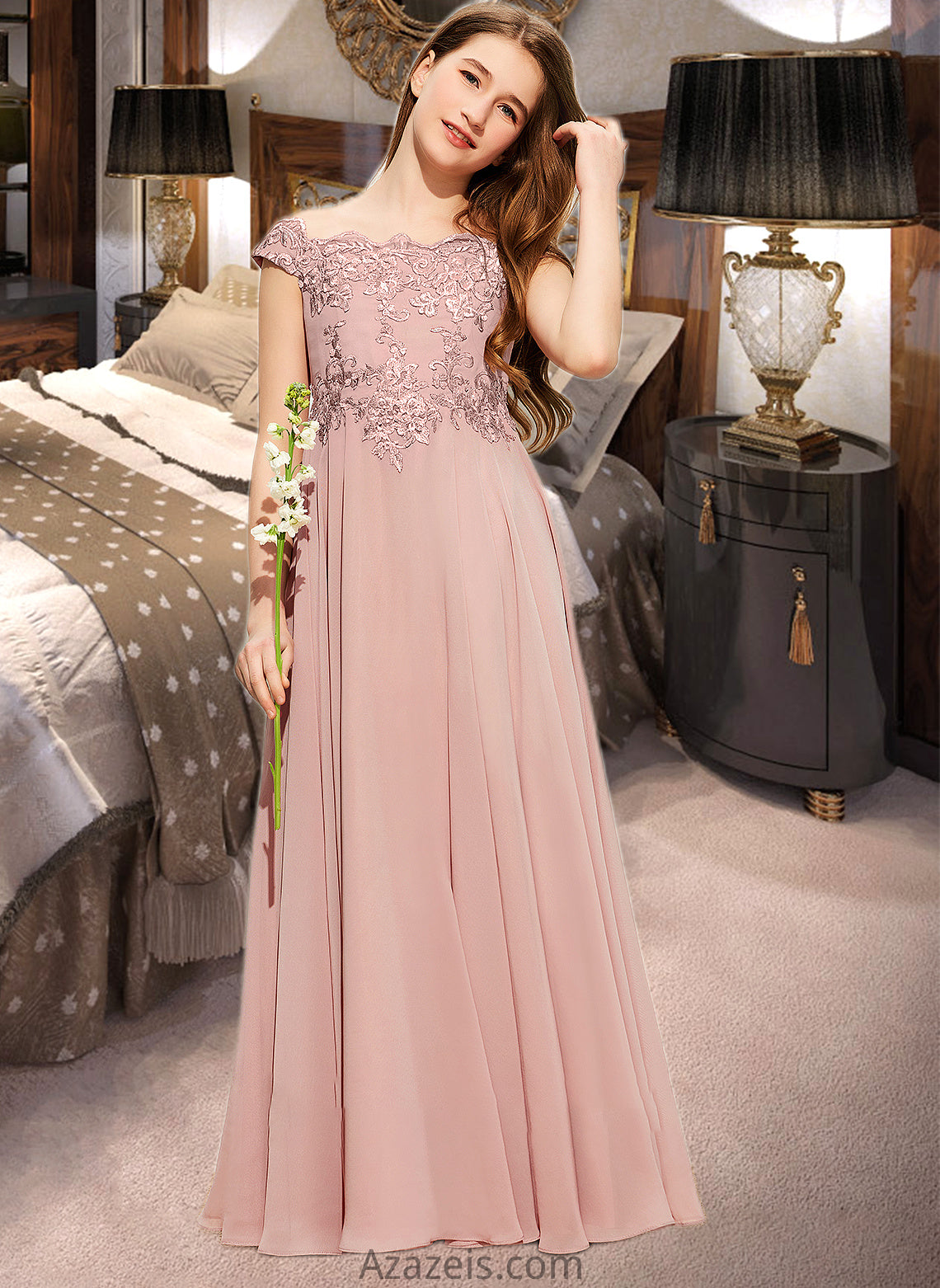 Molly A-Line Off-the-Shoulder Floor-Length Chiffon Lace Junior Bridesmaid Dress DFP0013640