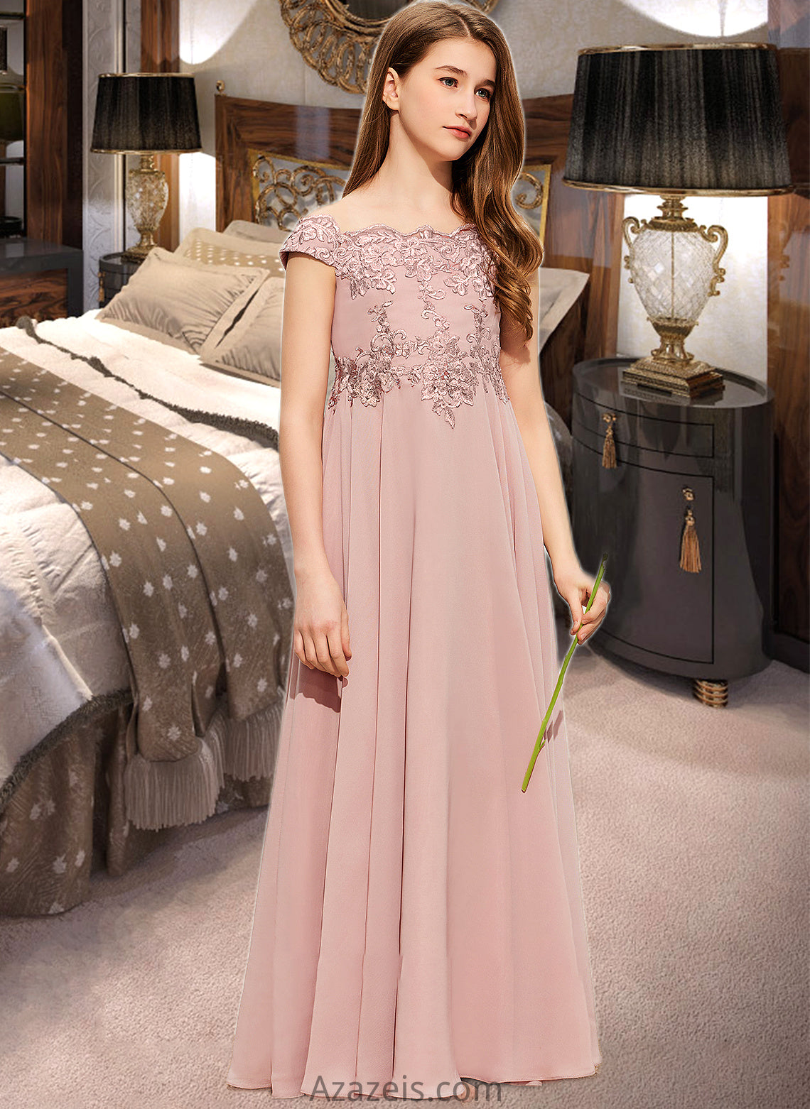 Molly A-Line Off-the-Shoulder Floor-Length Chiffon Lace Junior Bridesmaid Dress DFP0013640