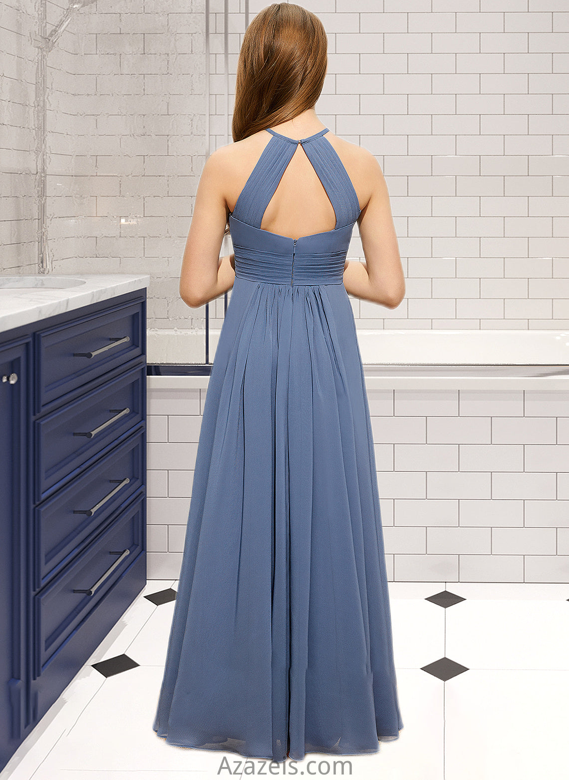 Nancy A-Line Scoop Neck Floor-Length Chiffon Junior Bridesmaid Dress With Ruffle DFP0013641