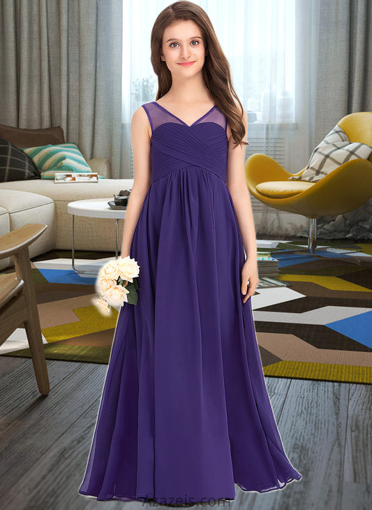 Serena A-Line V-neck Floor-Length Chiffon Junior Bridesmaid Dress With Ruffle DFP0013642