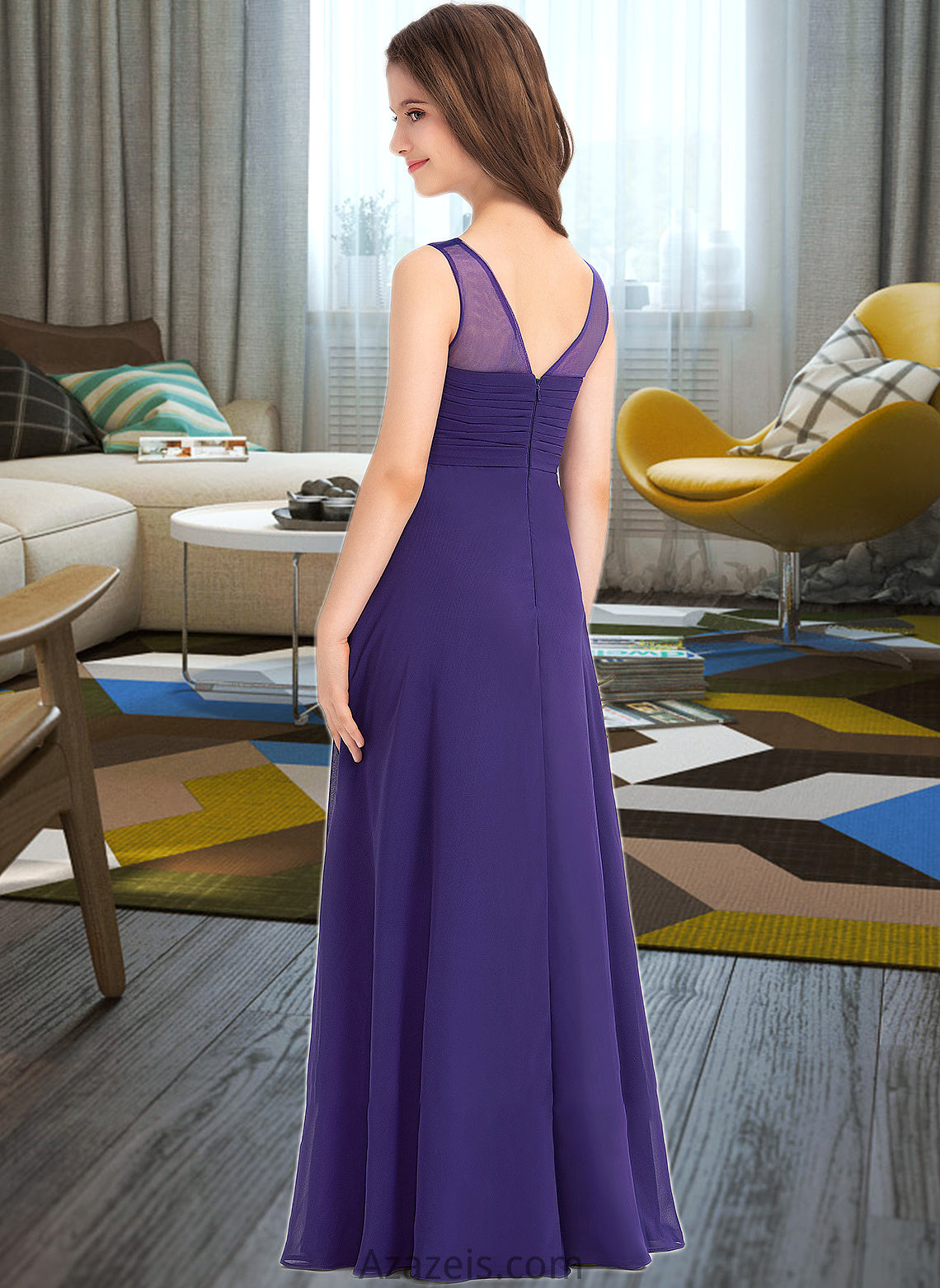 Serena A-Line V-neck Floor-Length Chiffon Junior Bridesmaid Dress With Ruffle DFP0013642