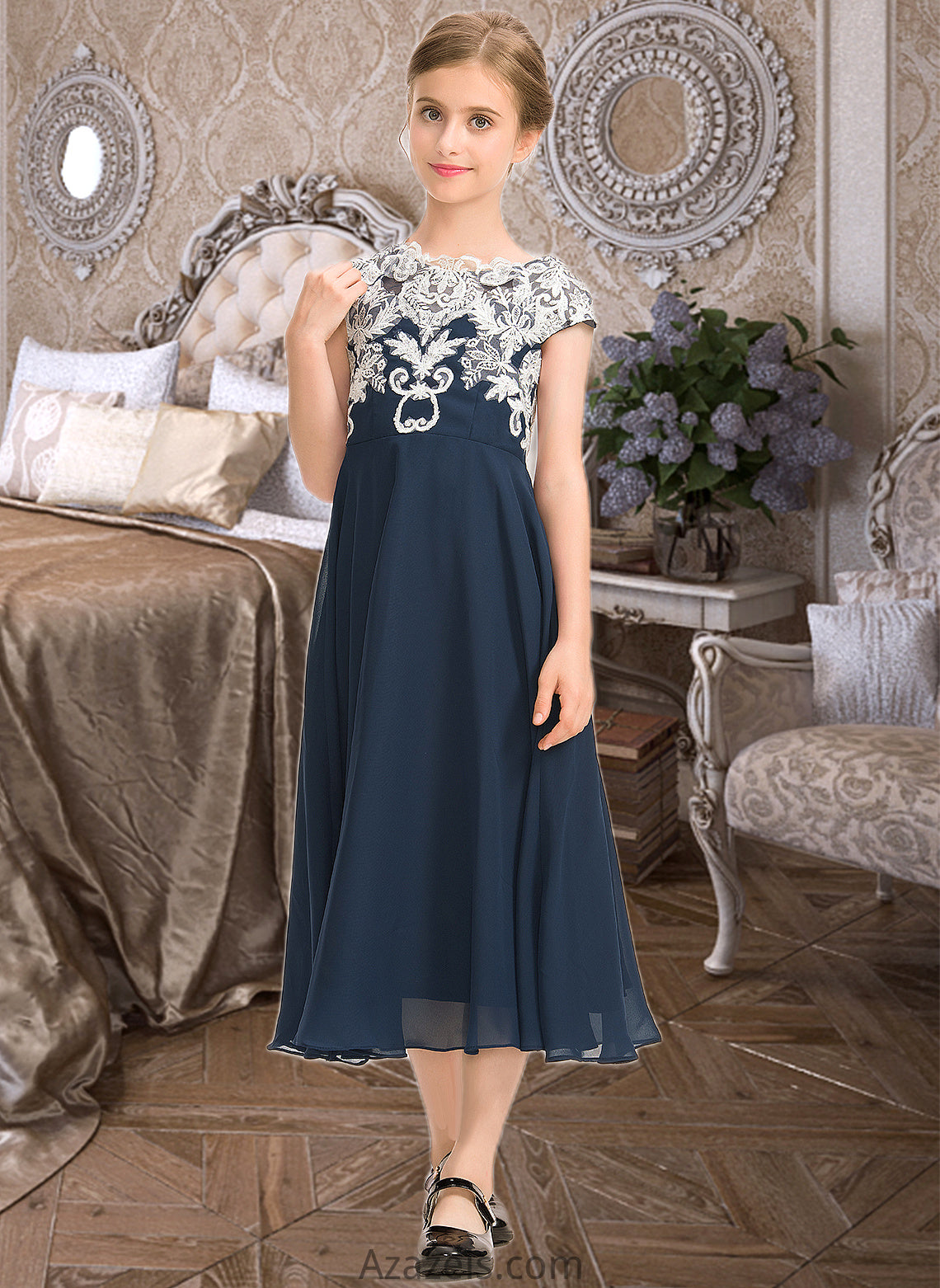 Natalie A-Line Scoop Neck Tea-Length Chiffon Lace Junior Bridesmaid Dress DFP0013643