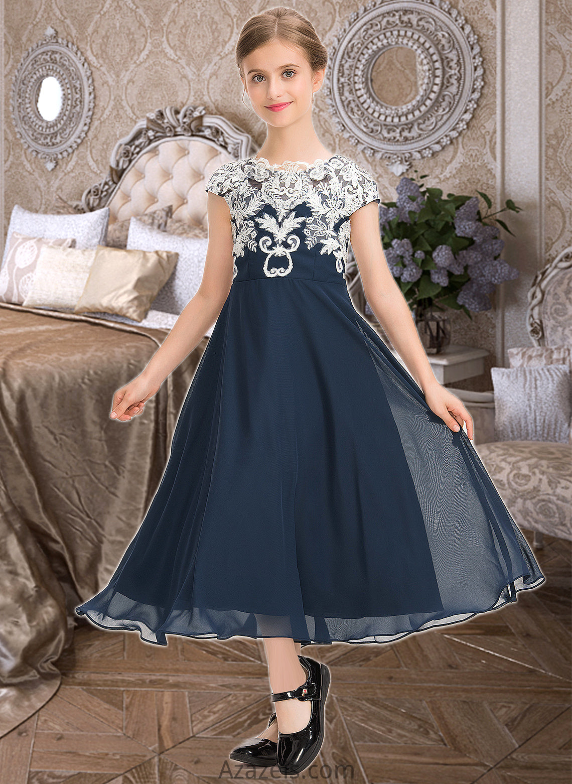 Natalie A-Line Scoop Neck Tea-Length Chiffon Lace Junior Bridesmaid Dress DFP0013643