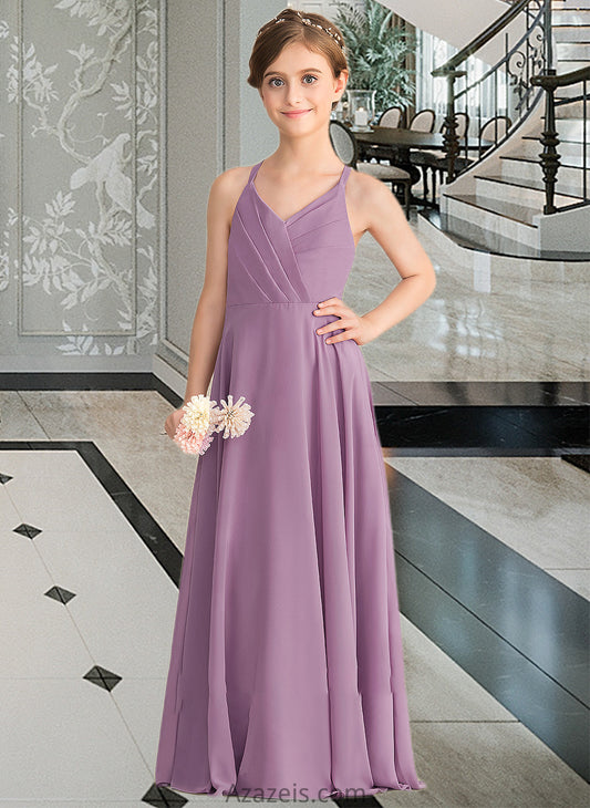 Kaitlyn A-Line V-neck Floor-Length Chiffon Junior Bridesmaid Dress With Cascading Ruffles DFP0013644