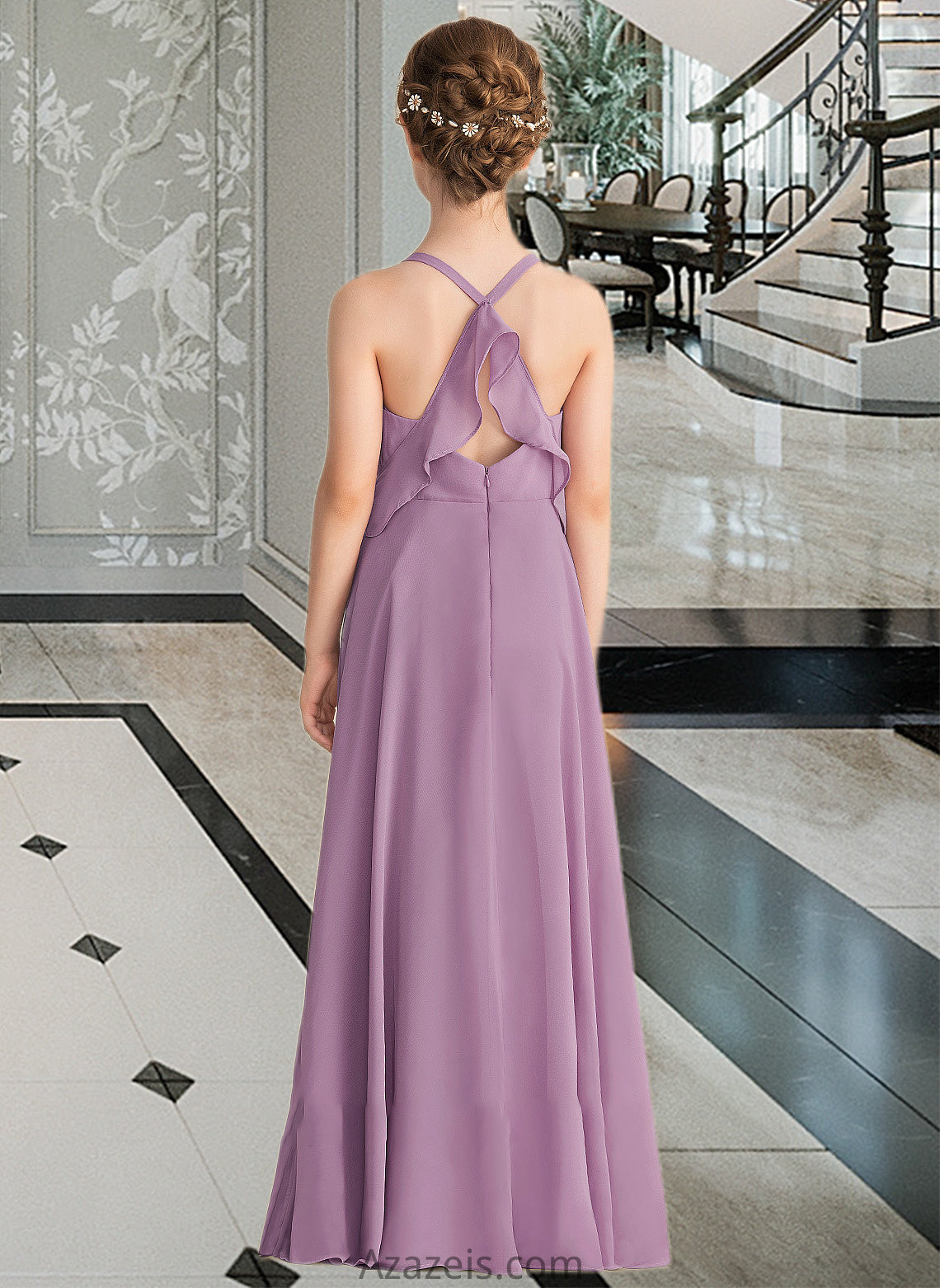 Kaitlyn A-Line V-neck Floor-Length Chiffon Junior Bridesmaid Dress With Cascading Ruffles DFP0013644