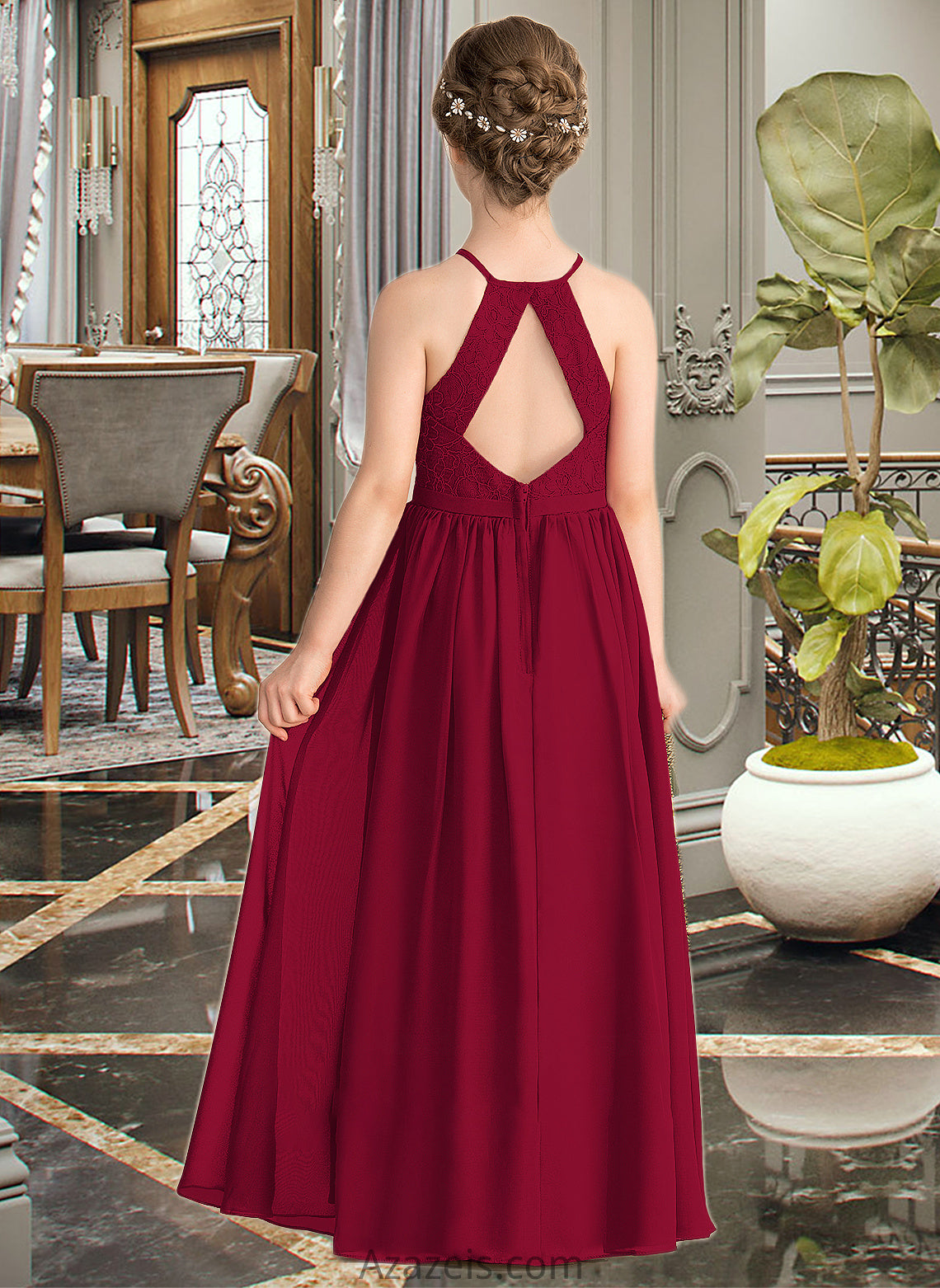 Layla A-Line Scoop Neck Floor-Length Chiffon Lace Junior Bridesmaid Dress With Split Front DFP0013645