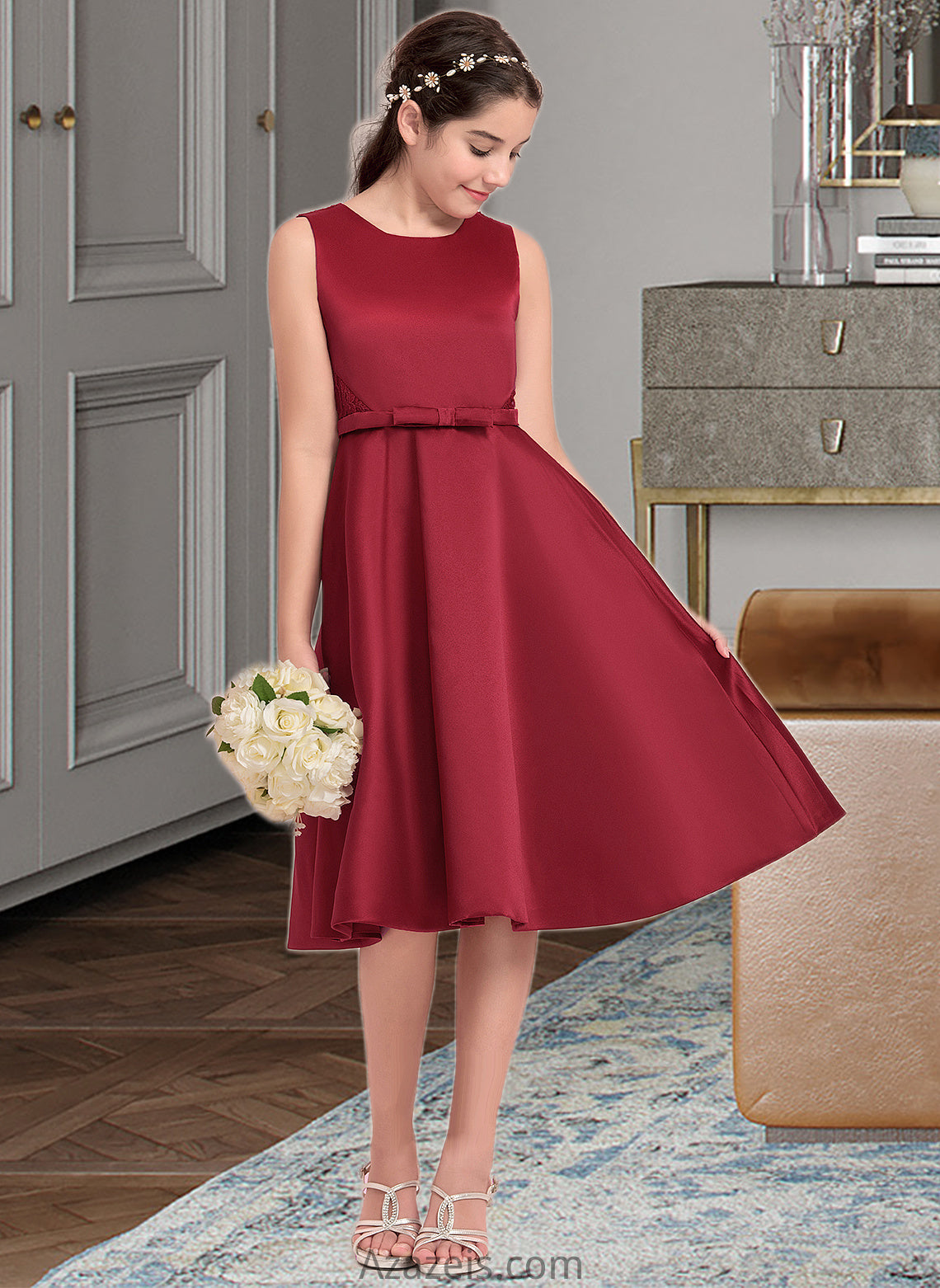 Kamila A-Line Scoop Neck Knee-Length Satin Junior Bridesmaid Dress With Lace Bow(s) DFP0013646