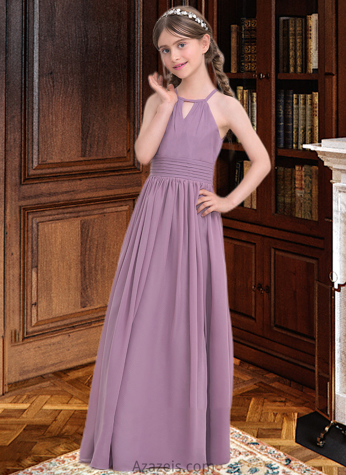 Rebecca A-LineScoopNeckFloor-LengthChiffonJuniorBridesmaidDressWithRuffle#119580 DFP0013647