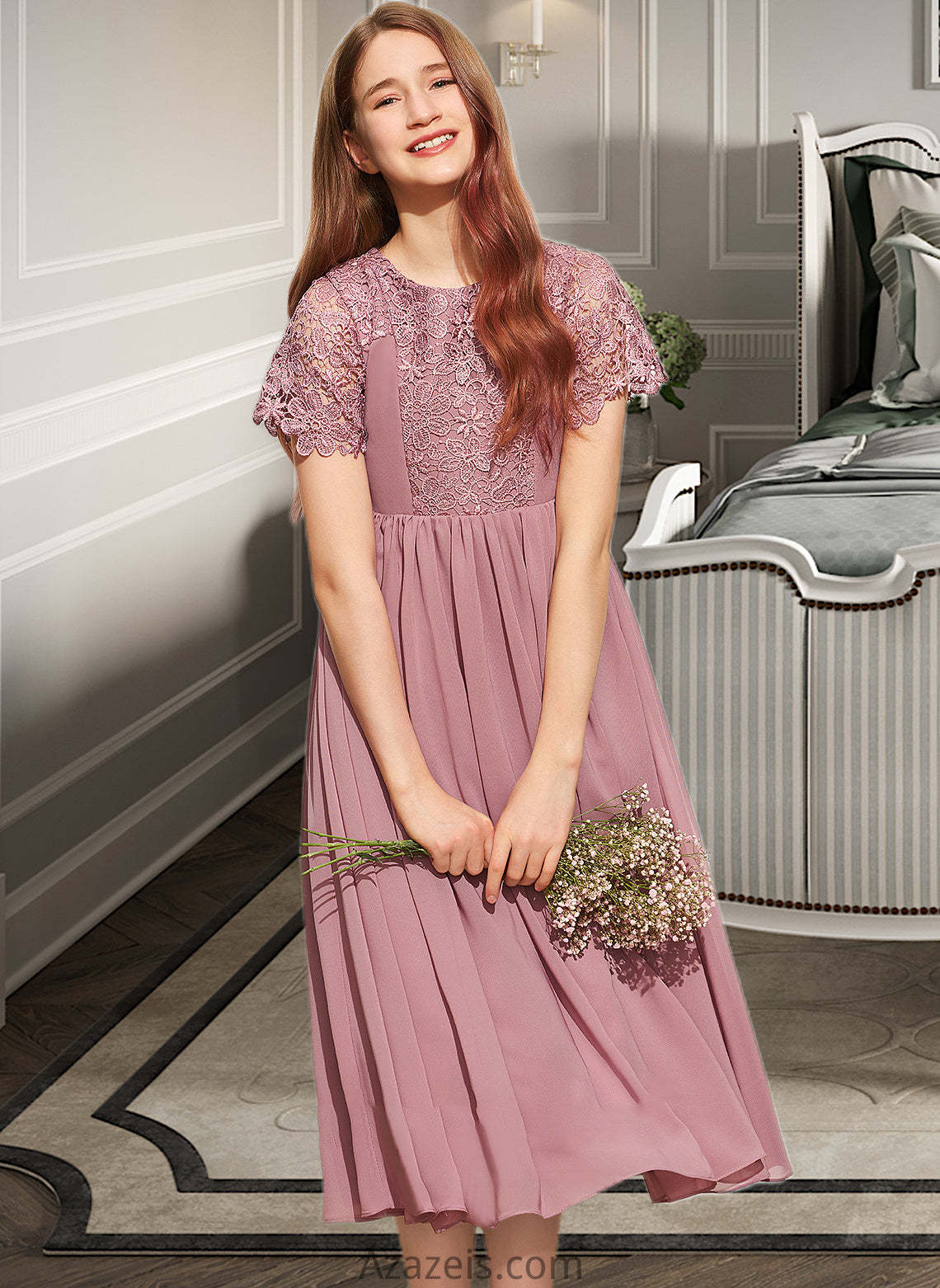 Sophie A-Line Scoop Neck Tea-Length Chiffon Lace Junior Bridesmaid Dress DFP0013648