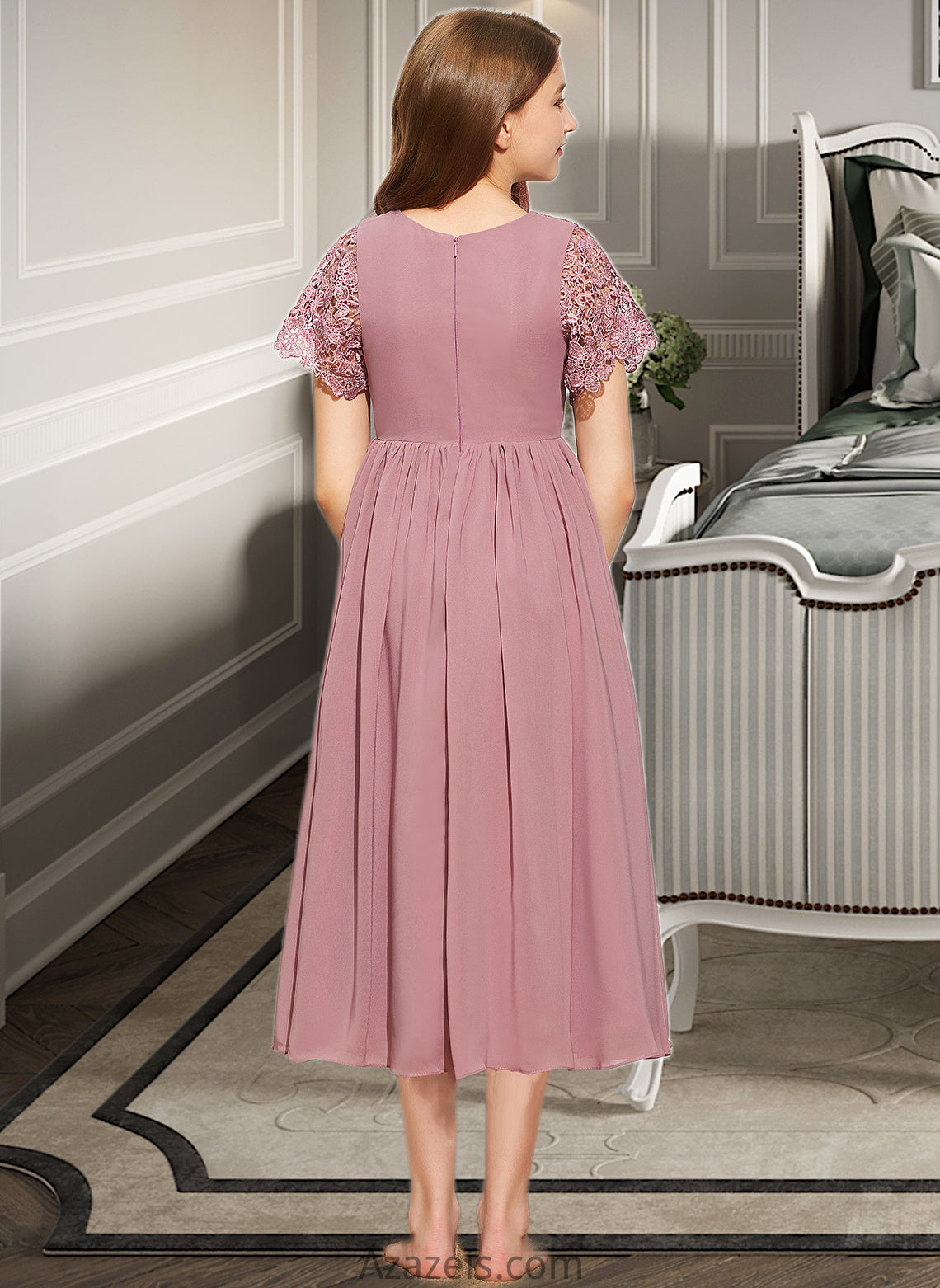 Sophie A-Line Scoop Neck Tea-Length Chiffon Lace Junior Bridesmaid Dress DFP0013648
