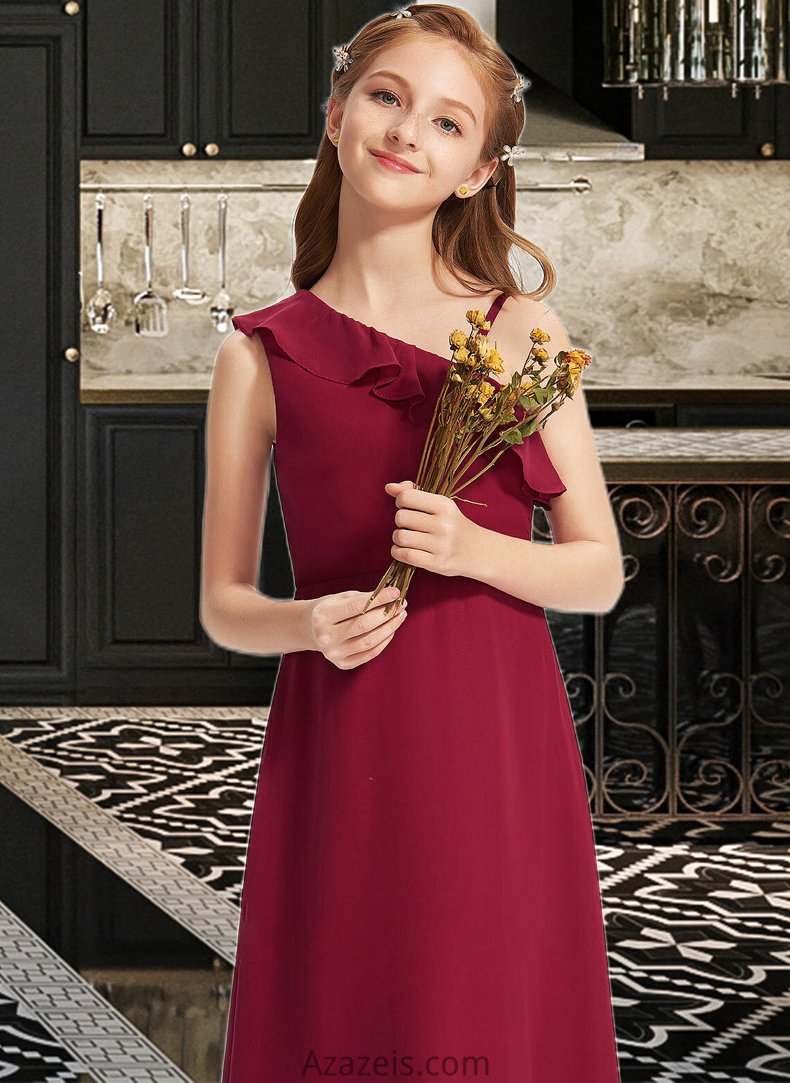 Emilie A-Line One-Shoulder Floor-Length Chiffon Junior Bridesmaid Dress With Ruffles DFP0013650