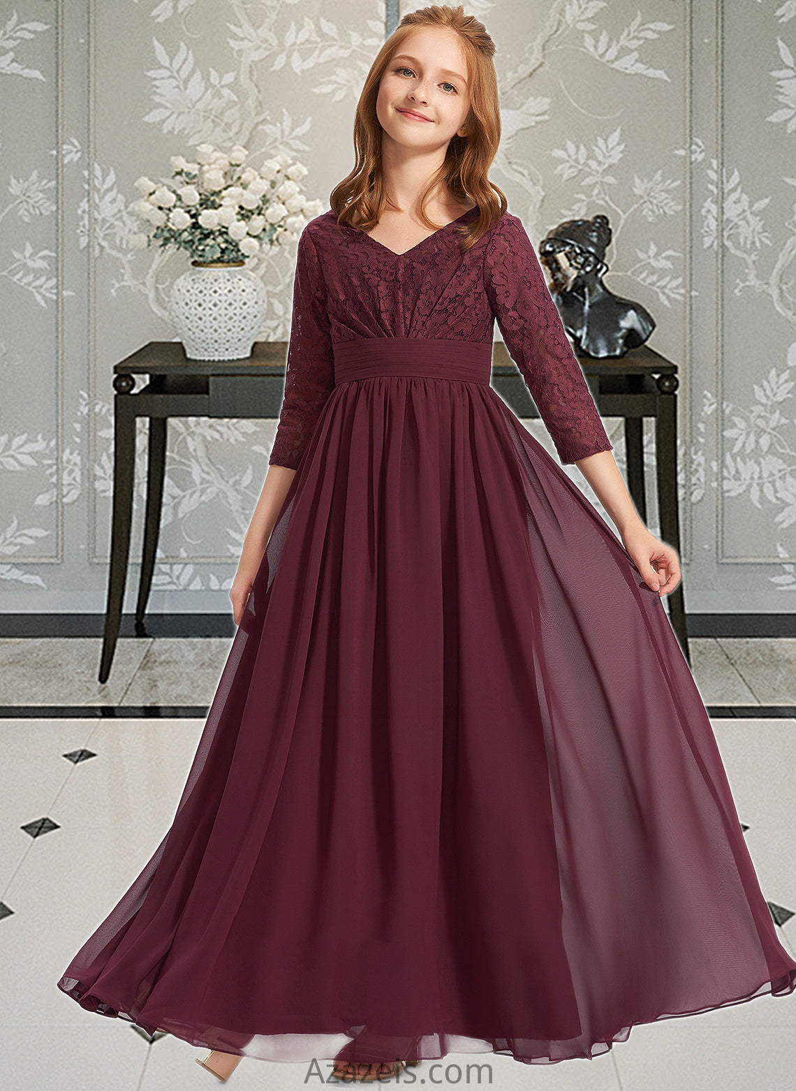 Lena A-Line V-neck Floor-Length Chiffon Lace Junior Bridesmaid Dress DFP0013652