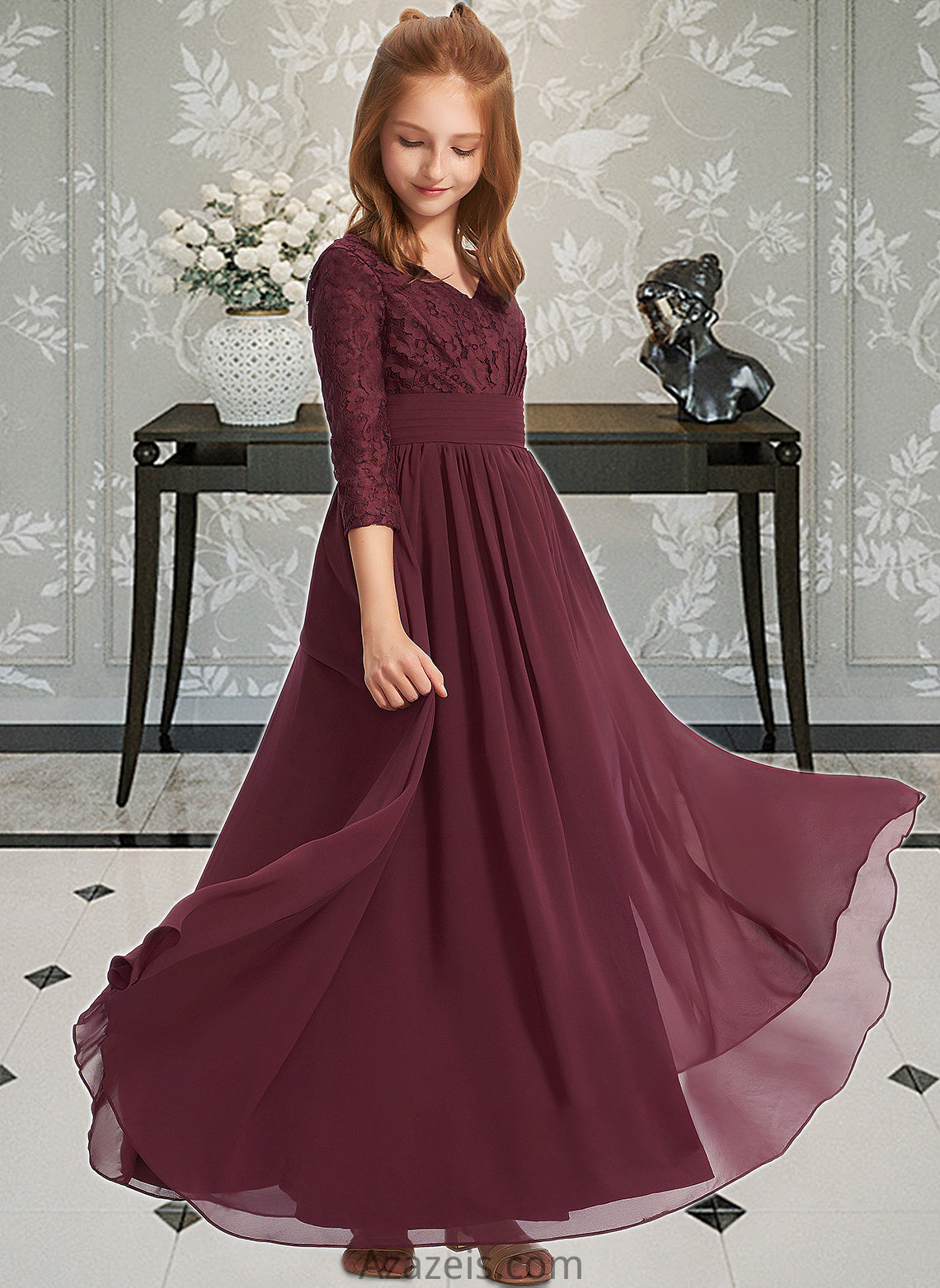 Lena A-Line V-neck Floor-Length Chiffon Lace Junior Bridesmaid Dress DFP0013652