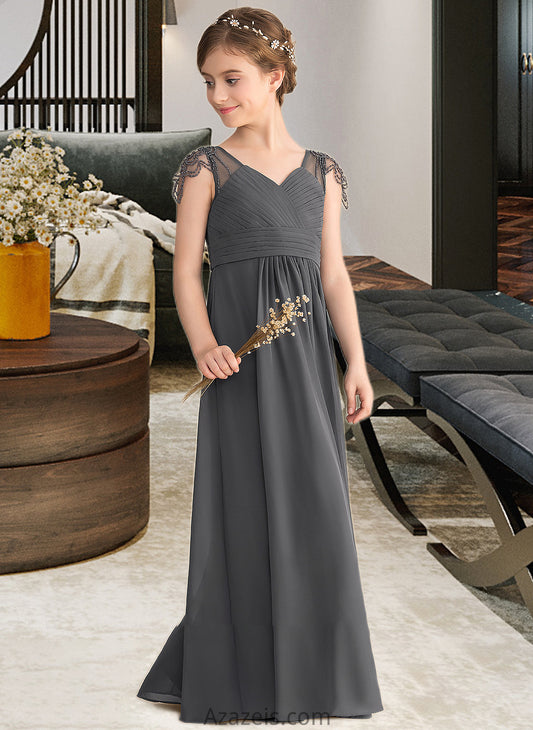 Thea A-Line V-neck Floor-Length Chiffon Junior Bridesmaid Dress With Ruffle Beading DFP0013653