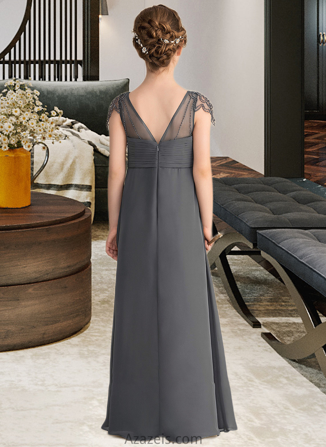 Thea A-Line V-neck Floor-Length Chiffon Junior Bridesmaid Dress With Ruffle Beading DFP0013653