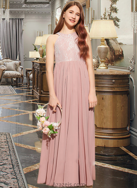 Jazmyn A-Line Scoop Neck Floor-Length Chiffon Lace Junior Bridesmaid Dress With Sequins DFP0013655