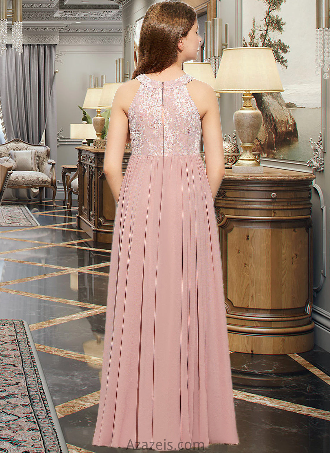 Jazmyn A-Line Scoop Neck Floor-Length Chiffon Lace Junior Bridesmaid Dress With Sequins DFP0013655