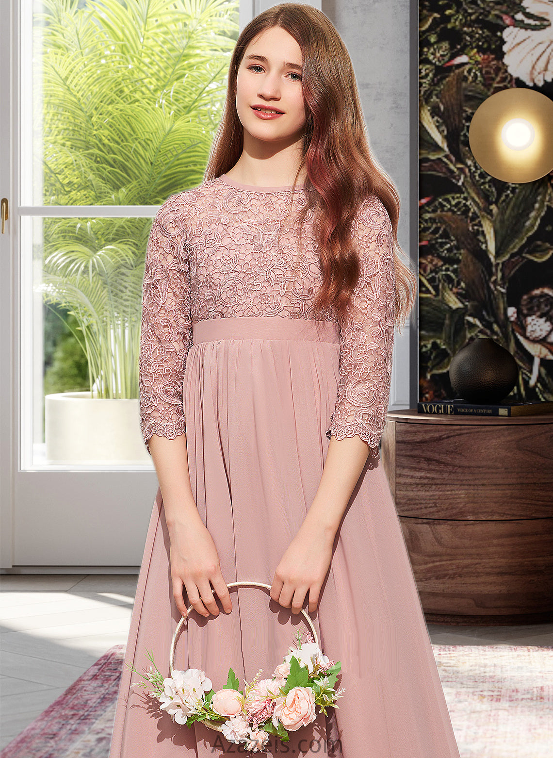 Katherine A-Line Scoop Neck Floor-Length Chiffon Lace Junior Bridesmaid Dress DFP0013657
