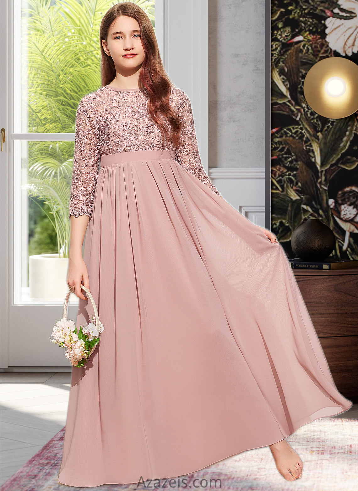 Katherine A-Line Scoop Neck Floor-Length Chiffon Lace Junior Bridesmaid Dress DFP0013657
