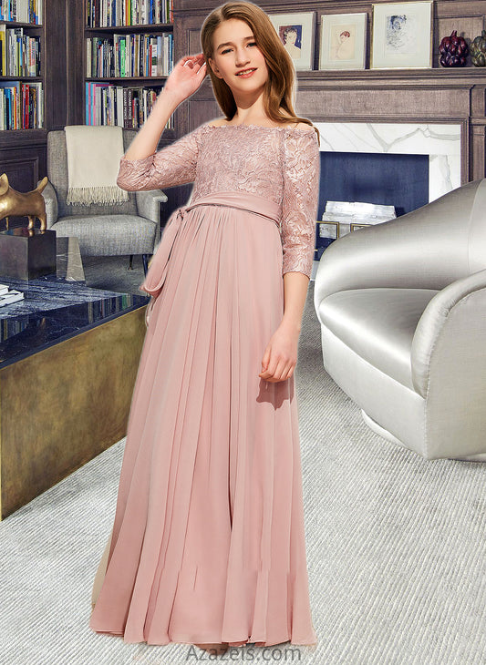 Mallory A-Line Off-the-Shoulder Floor-Length Chiffon Lace Junior Bridesmaid Dress With Bow(s) DFP0013658