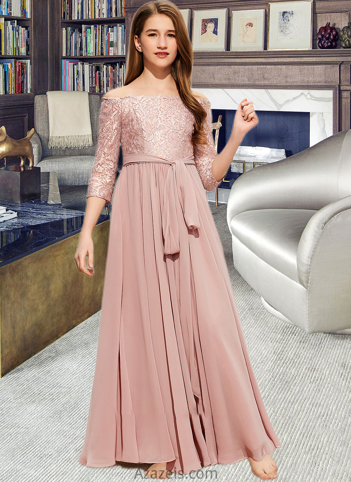 Mallory A-Line Off-the-Shoulder Floor-Length Chiffon Lace Junior Bridesmaid Dress With Bow(s) DFP0013658