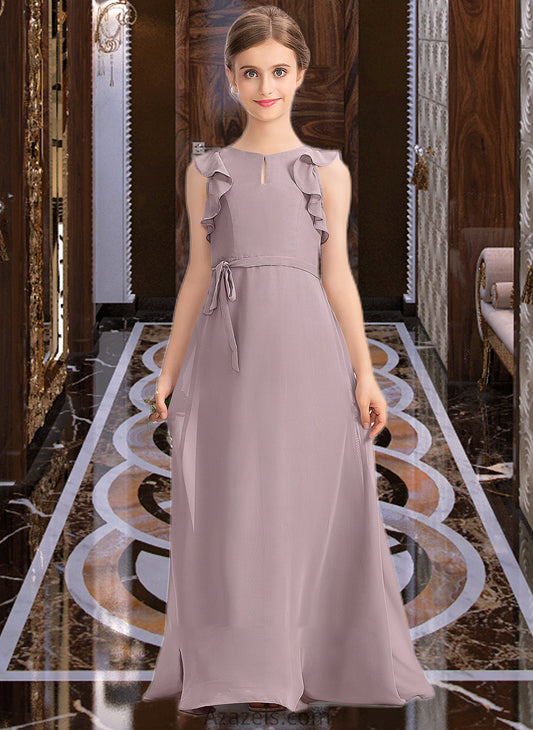 Meredith A-Line Scoop Neck Floor-Length Chiffon Junior Bridesmaid Dress With Bow(s) Cascading Ruffles DFP0013659