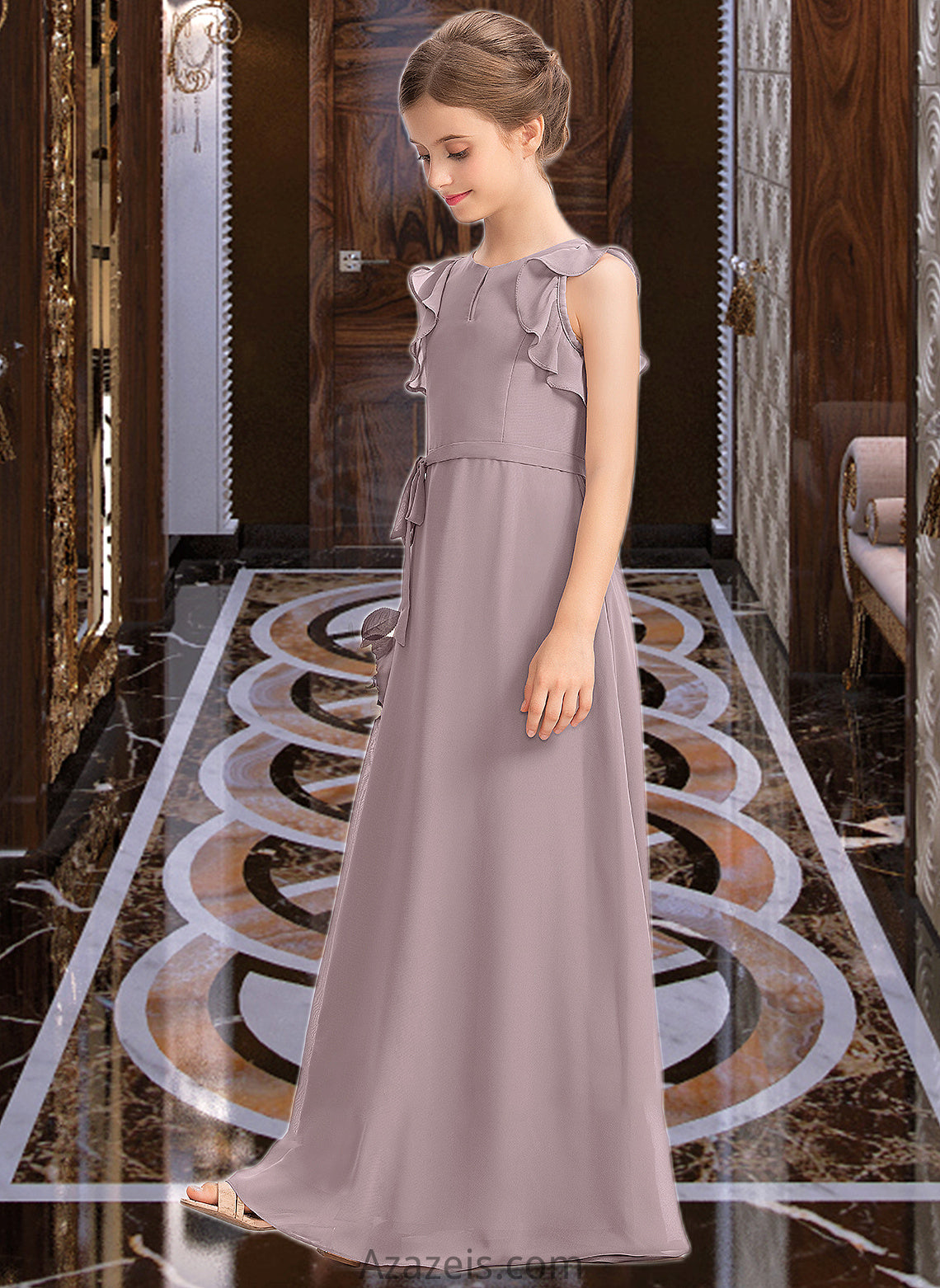 Meredith A-Line Scoop Neck Floor-Length Chiffon Junior Bridesmaid Dress With Bow(s) Cascading Ruffles DFP0013659