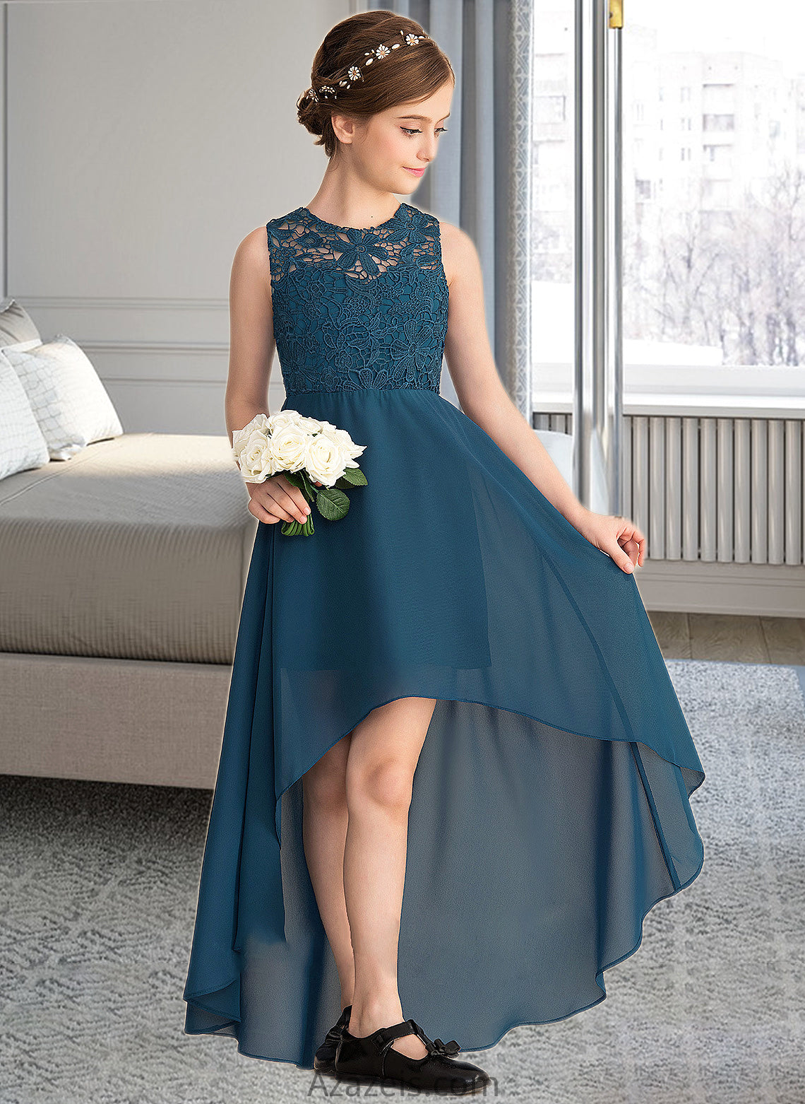 Lorna A-Line Scoop Neck Asymmetrical Chiffon Lace Junior Bridesmaid Dress DFP0013661