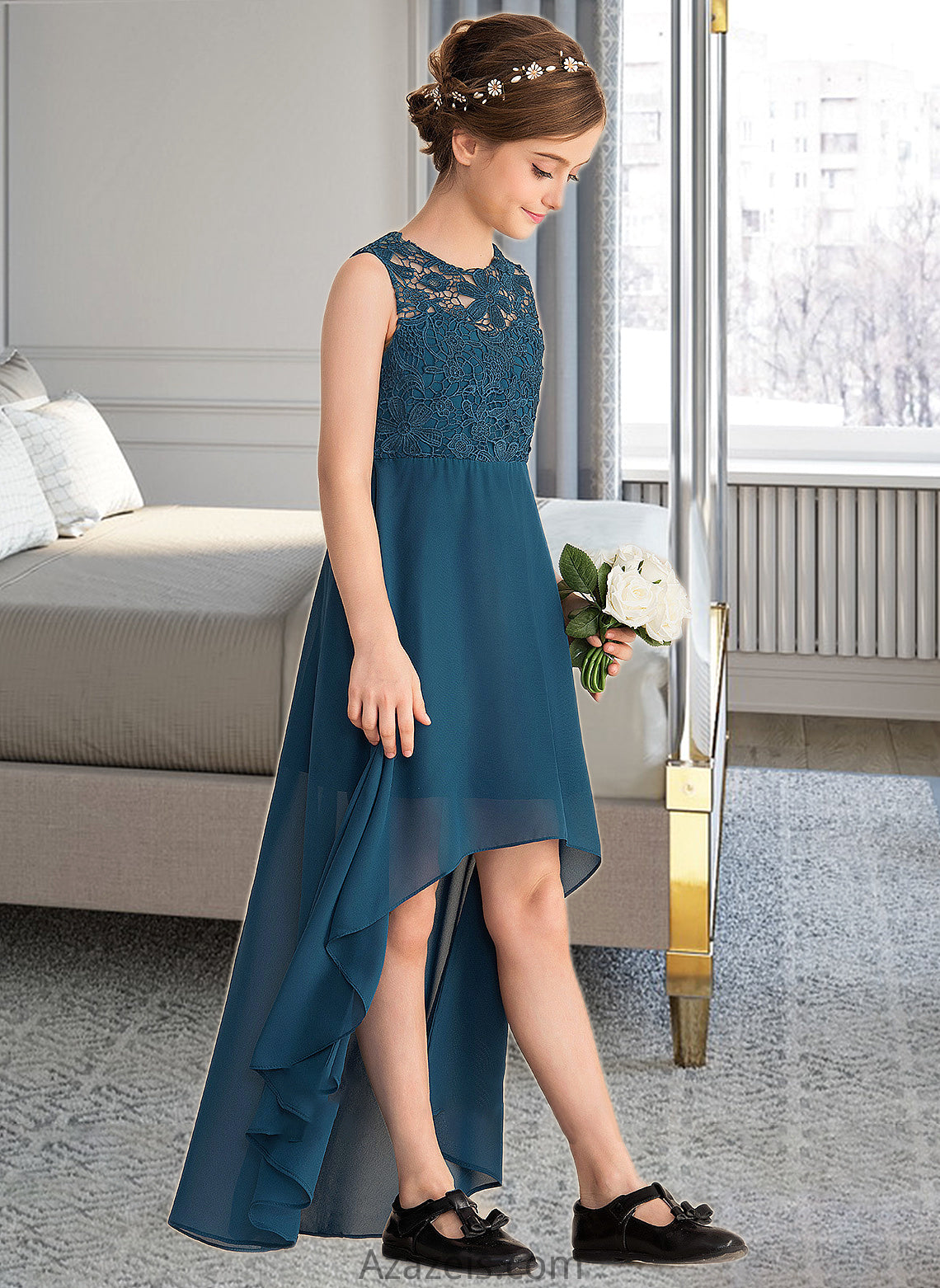 Lorna A-Line Scoop Neck Asymmetrical Chiffon Lace Junior Bridesmaid Dress DFP0013661