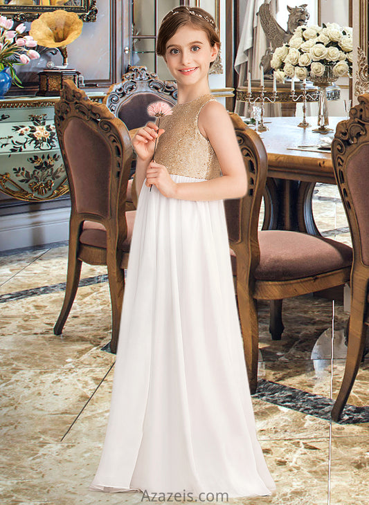 Melanie A-Line Scoop Neck Floor-Length Chiffon Sequined Junior Bridesmaid Dress DFP0013662