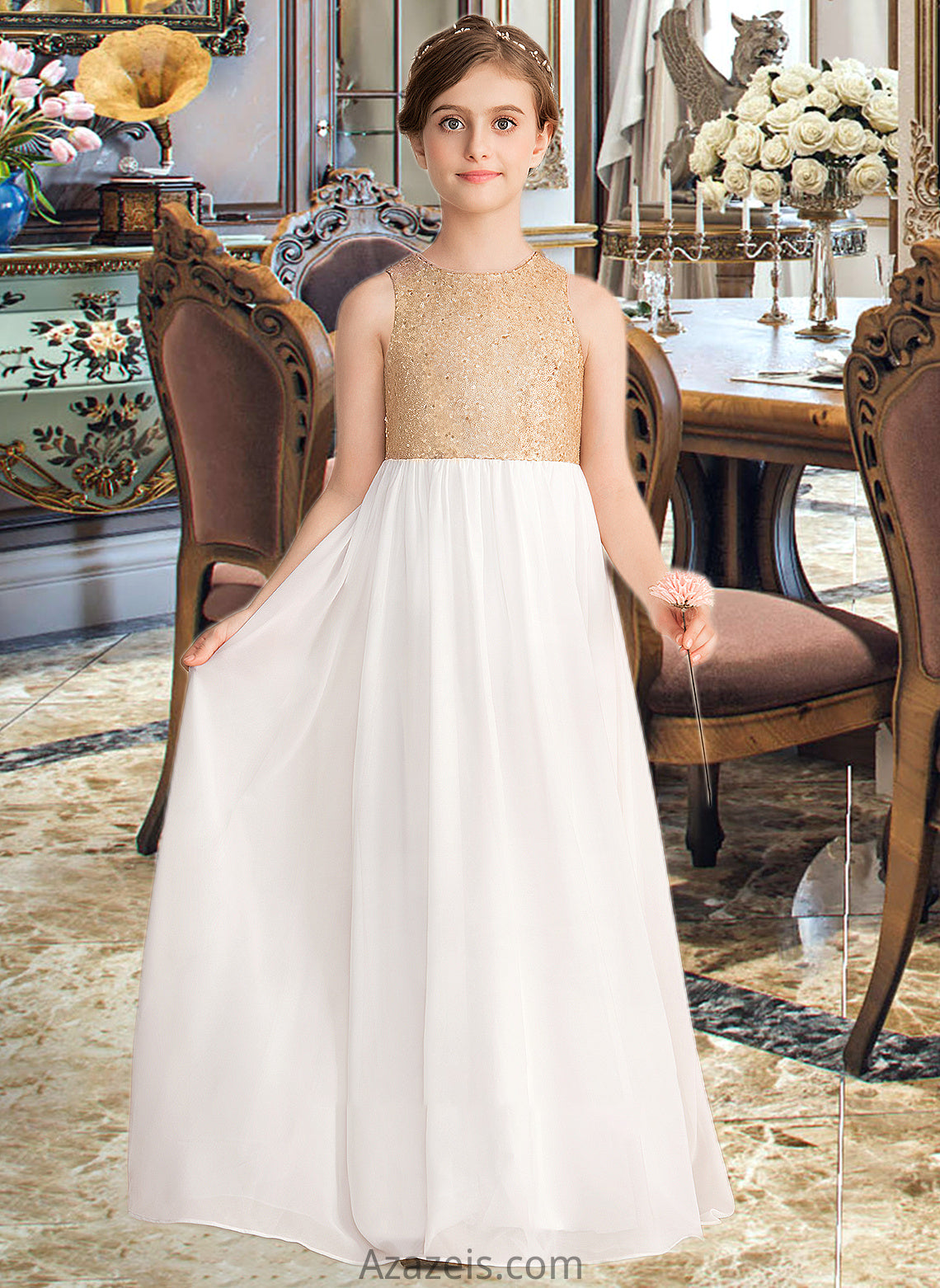 Melanie A-Line Scoop Neck Floor-Length Chiffon Sequined Junior Bridesmaid Dress DFP0013662