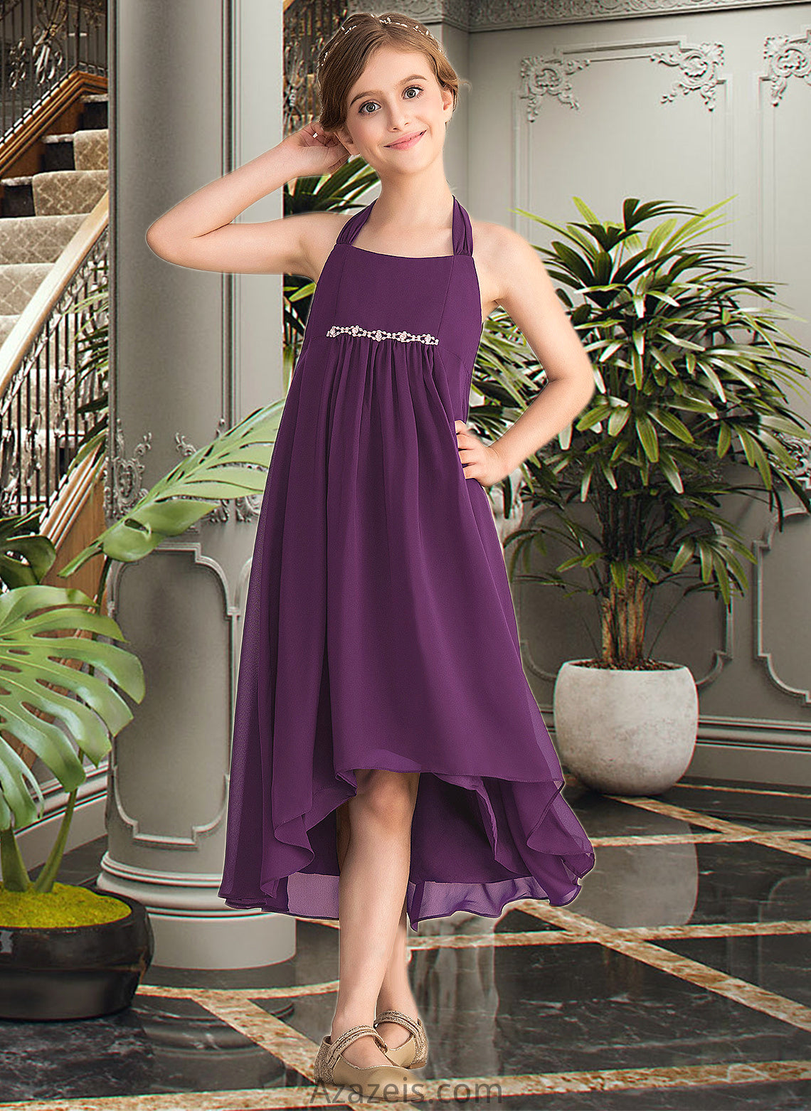 Amira Empire Halter Asymmetrical Chiffon Junior Bridesmaid Dress With Beading Bow(s) DFP0013663