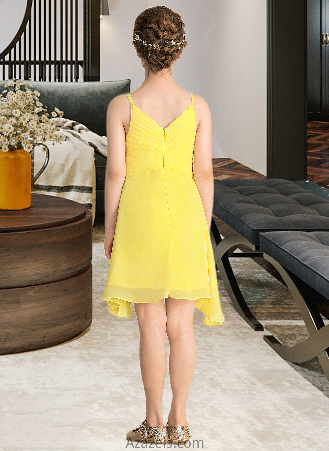 Annalise A-Line V-neck Knee-Length Chiffon Junior Bridesmaid Dress With Ruffle DFP0013664