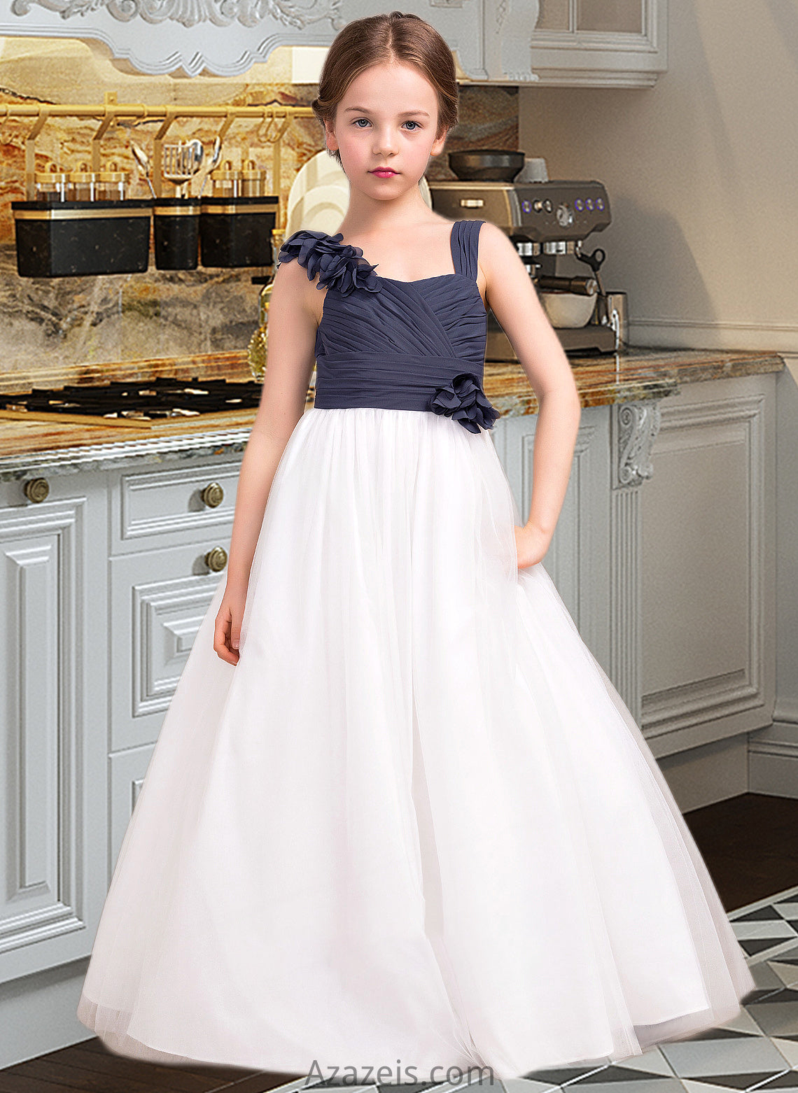 Laci A-Line Sweetheart Floor-Length Chiffon Tulle Junior Bridesmaid Dress With Ruffle Flower(s) DFP0013665