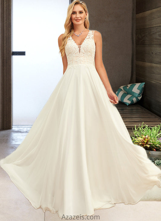 Anne A-Line V-neck Sweep Train Chiffon Lace Wedding Dress With Lace DFP0013677