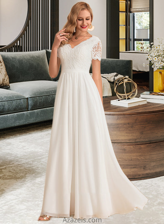Miah A-Line V-neck Floor-Length Chiffon Lace Wedding Dress DFP0013678