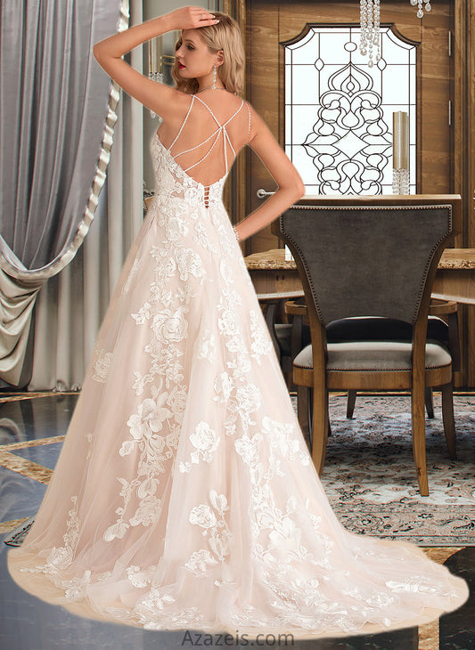 Addison Ball-Gown/Princess V-neck Court Train Tulle Lace Wedding Dress With Beading Pockets DFP0013679