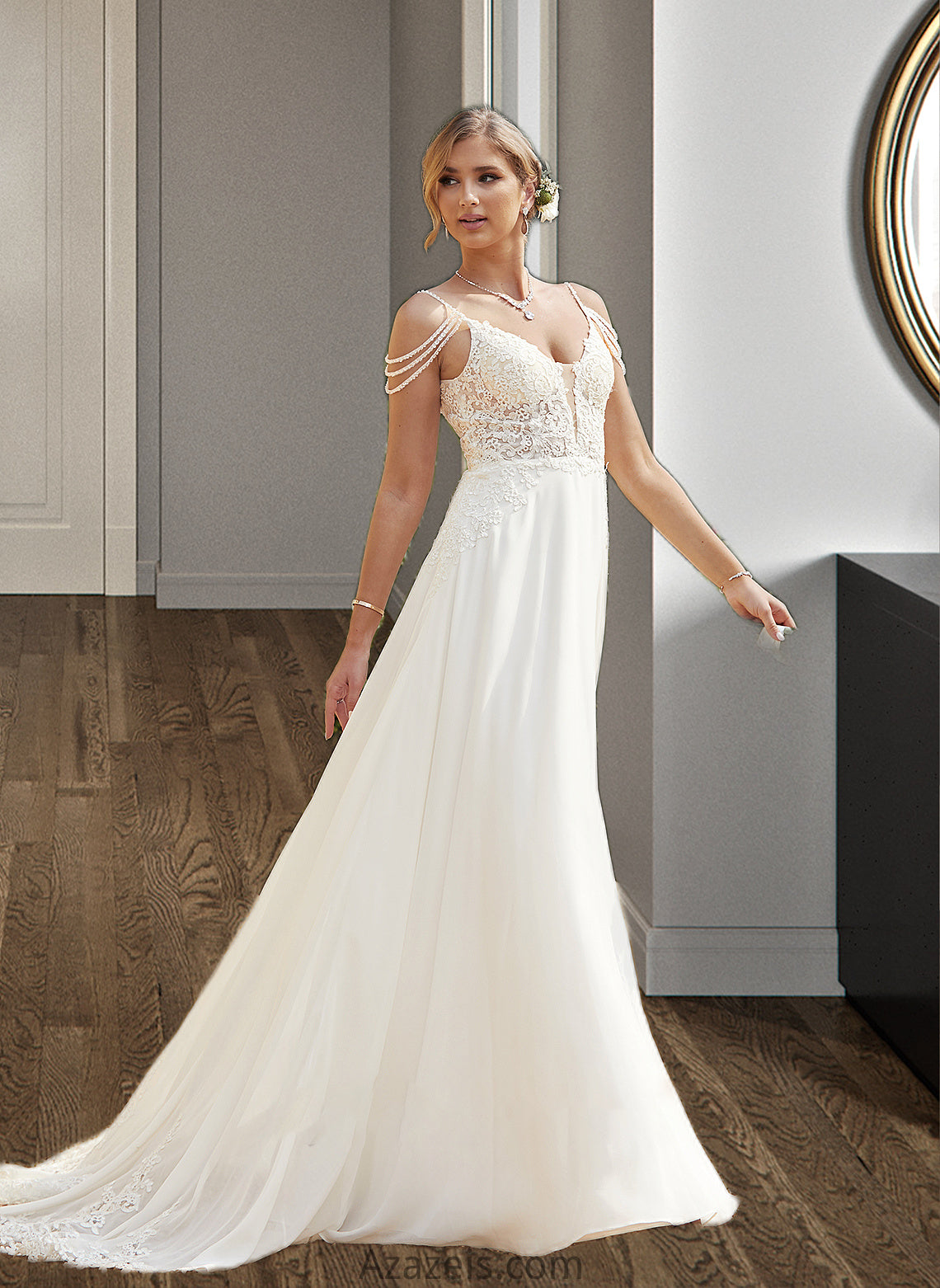 Thea A-Line V-neck Sweep Train Chiffon Lace Wedding Dress With Beading Sequins DFP0013681