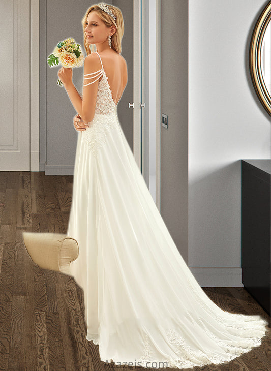 Thea A-Line V-neck Sweep Train Chiffon Lace Wedding Dress With Beading Sequins DFP0013681
